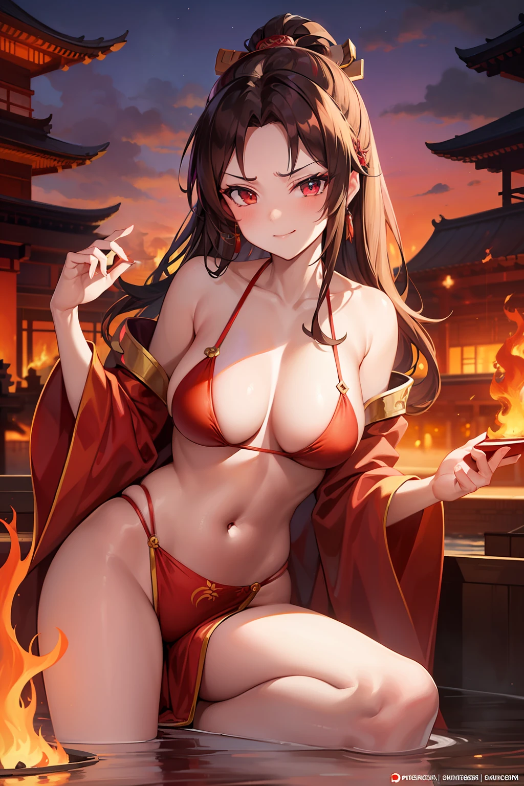 princess azula, evening, sunset, looking at viewer, cleavage, red satin robes, clothed bathing, girl floating above the water, palace, temple, fire, lava, red glowing, smug face (NSFW 1.1)