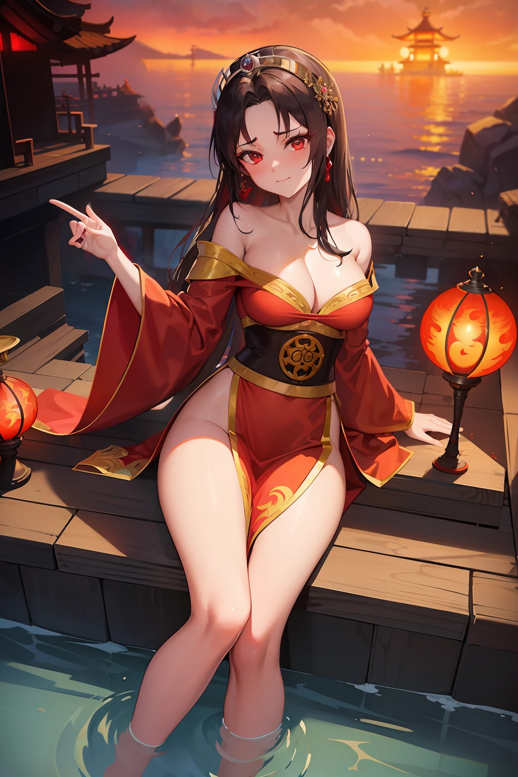 princess azula, evening, sunset, looking at viewer, cleavage, red satin robes, clothed bathing, girl floating above the water, palace, temple, fire, lava, red glowing, smug face (NSFW 1.1)
