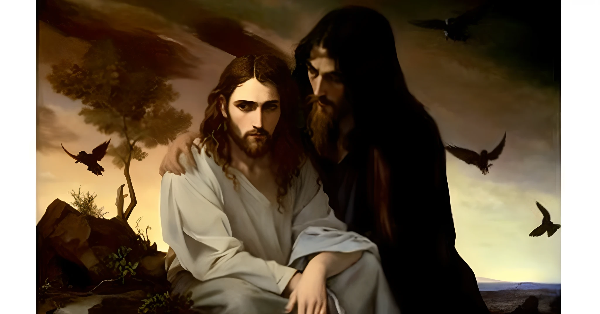 Uma pintura de Jesus e uma mulher sentada em uma rocha, jesus hugging a woman, jesus christ fighting lucifer, Kramskoi, cursed oil painting, Jesus Ninja, Rutkowski e Caravaggio, Jesus, jesus of nazareth, biblical painting, Caravaggio e Artgerm, Deus torcido sem rosto, imagem assustadora espiritual, epic biblical representation