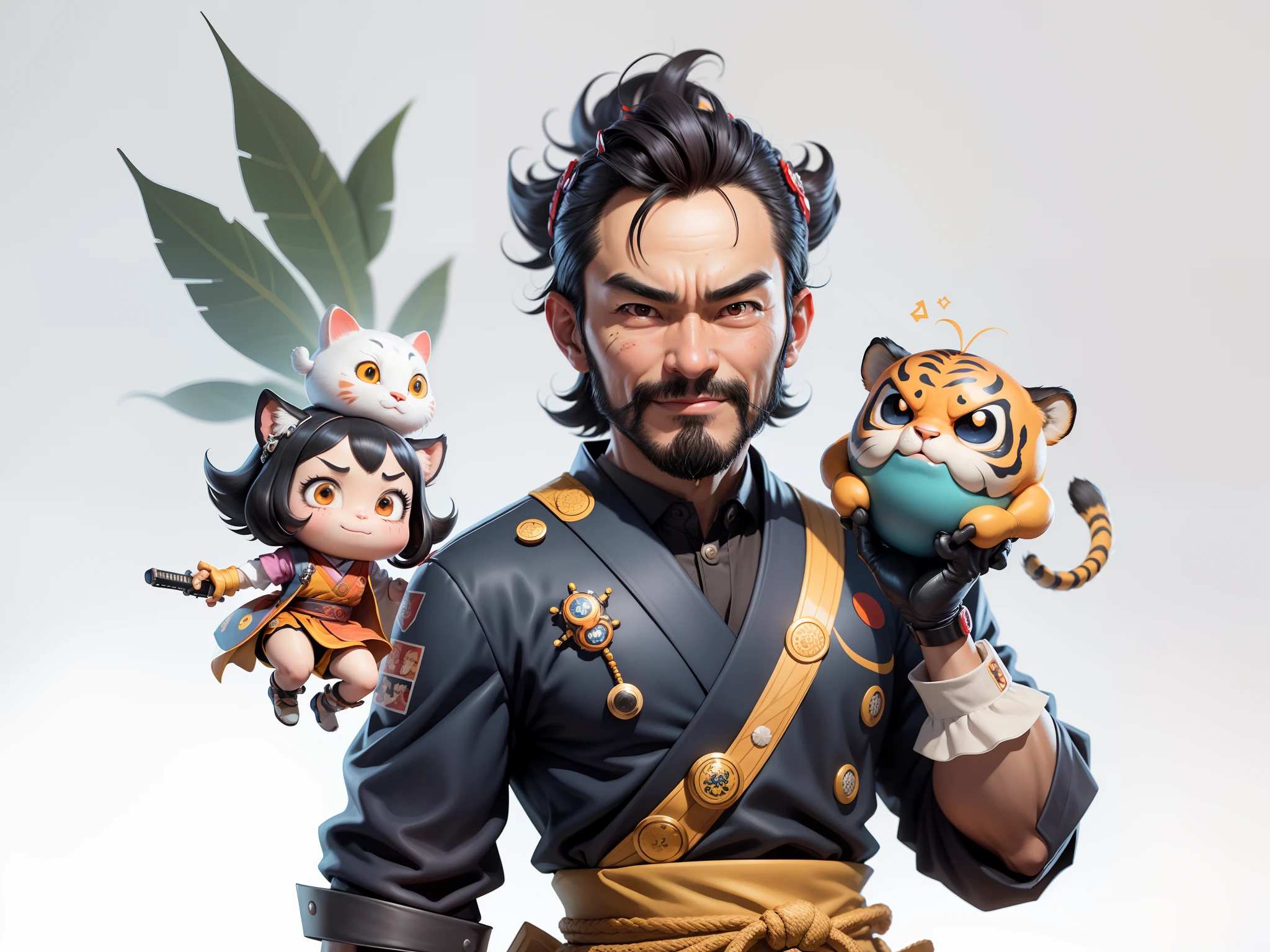 (Daisaku),(Need),(Super meticulous),(full bodyesbian:1.2),Super young man with Japanese geisha,Beautiful,orient,one tiger,Aeolian Thor,Raised sexy,爆乳,Oriental face,TV Anchor,Bust portrait illustration,In black suit,a blue tie,The face is slightly chubby,The face was clean,without a beard,Black super short hair,Black eyes,Smile confidently,3C computer sub-products,iPad, iphone,Digital painting,3D character design by Mark Clairen and Pixar and Hayao Miyazaki and Akira Toriyama,The illustration is a high-definition illustration in 4K resolution,With very detailed facial features and cartoon-style visuals。