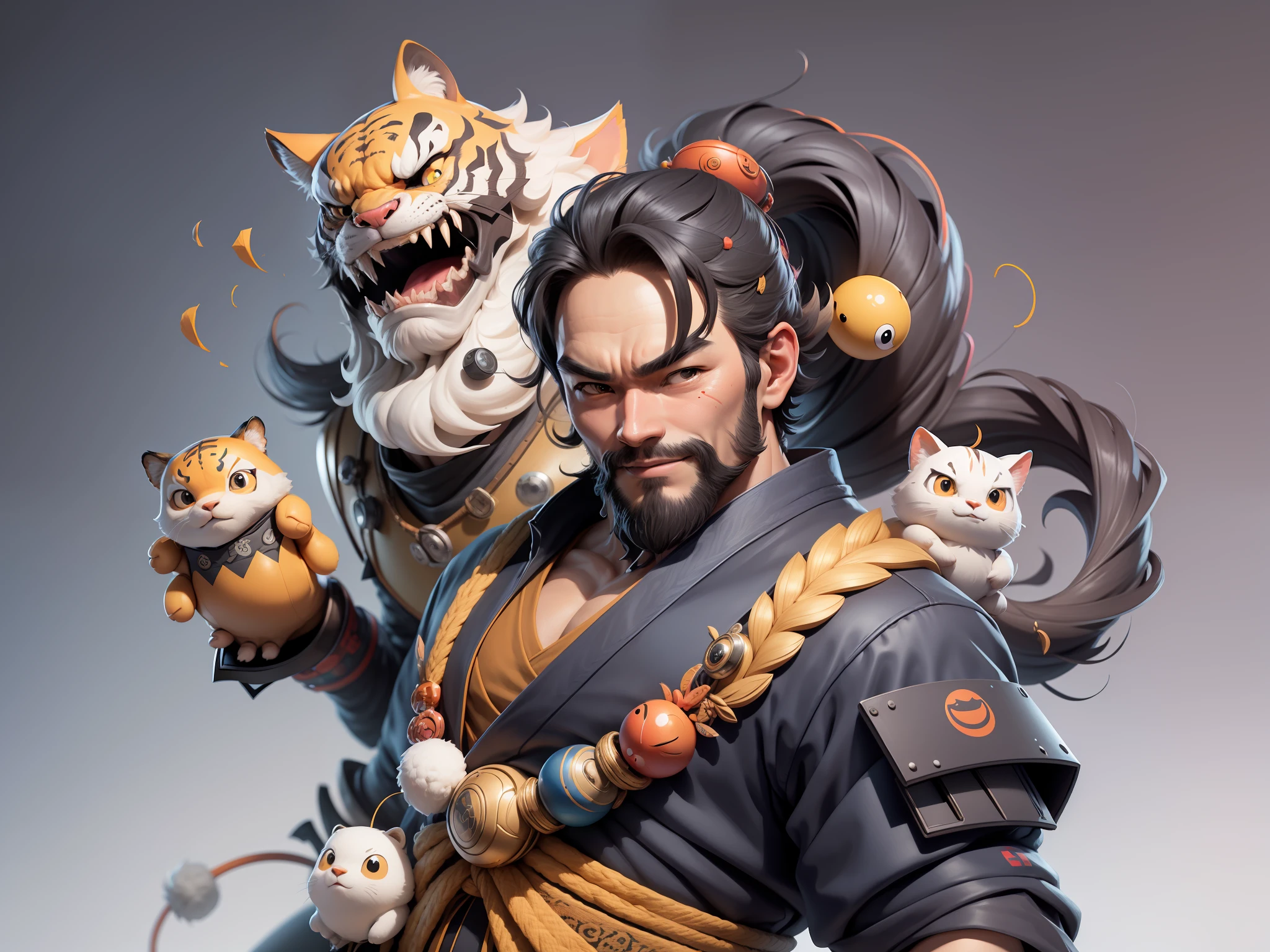 (Daisaku),(Need),(Super meticulous),(full bodyesbian:1.2),Super young man with Japanese geisha,Beautiful,orient,one tiger,Aeolian Thor,Raised sexy,爆乳,Oriental face,TV Anchor,Bust portrait illustration,In black suit,a blue tie,The face is slightly chubby,The face was clean,without a beard,Black super short hair,Black eyes,Smile confidently,3C computer sub-products,iPad, iphone,Digital painting,3D character design by Mark Clairen and Pixar and Hayao Miyazaki and Akira Toriyama,The illustration is a high-definition illustration in 4K resolution,With very detailed facial features and cartoon-style visuals。