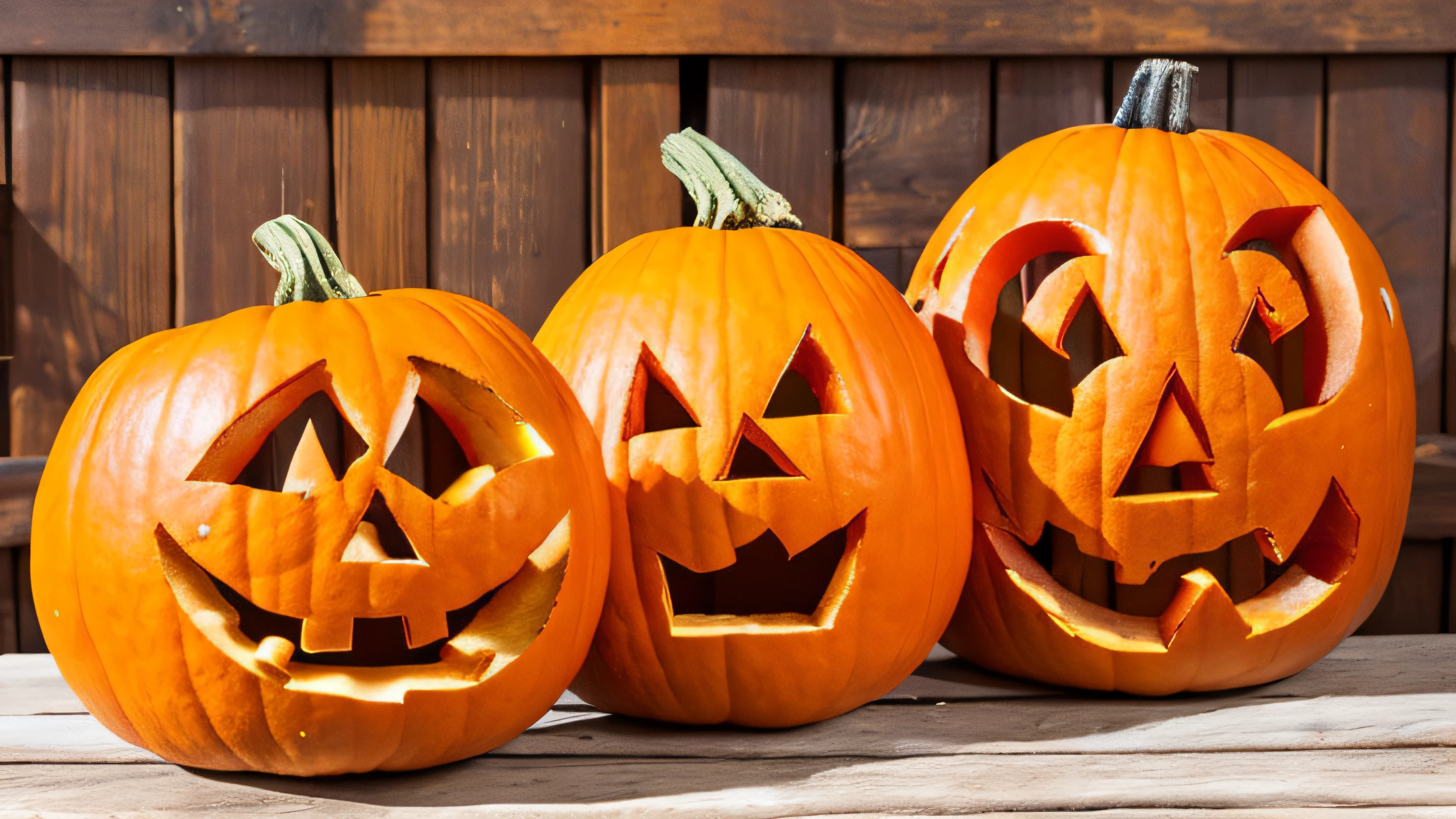 Three carved pumpkins sitting on a wooden table with wooden fence in the background, jack-o-lanterns, pumpkins, Halloween, masterpiece、top-quality、halloween theme, Full Image,