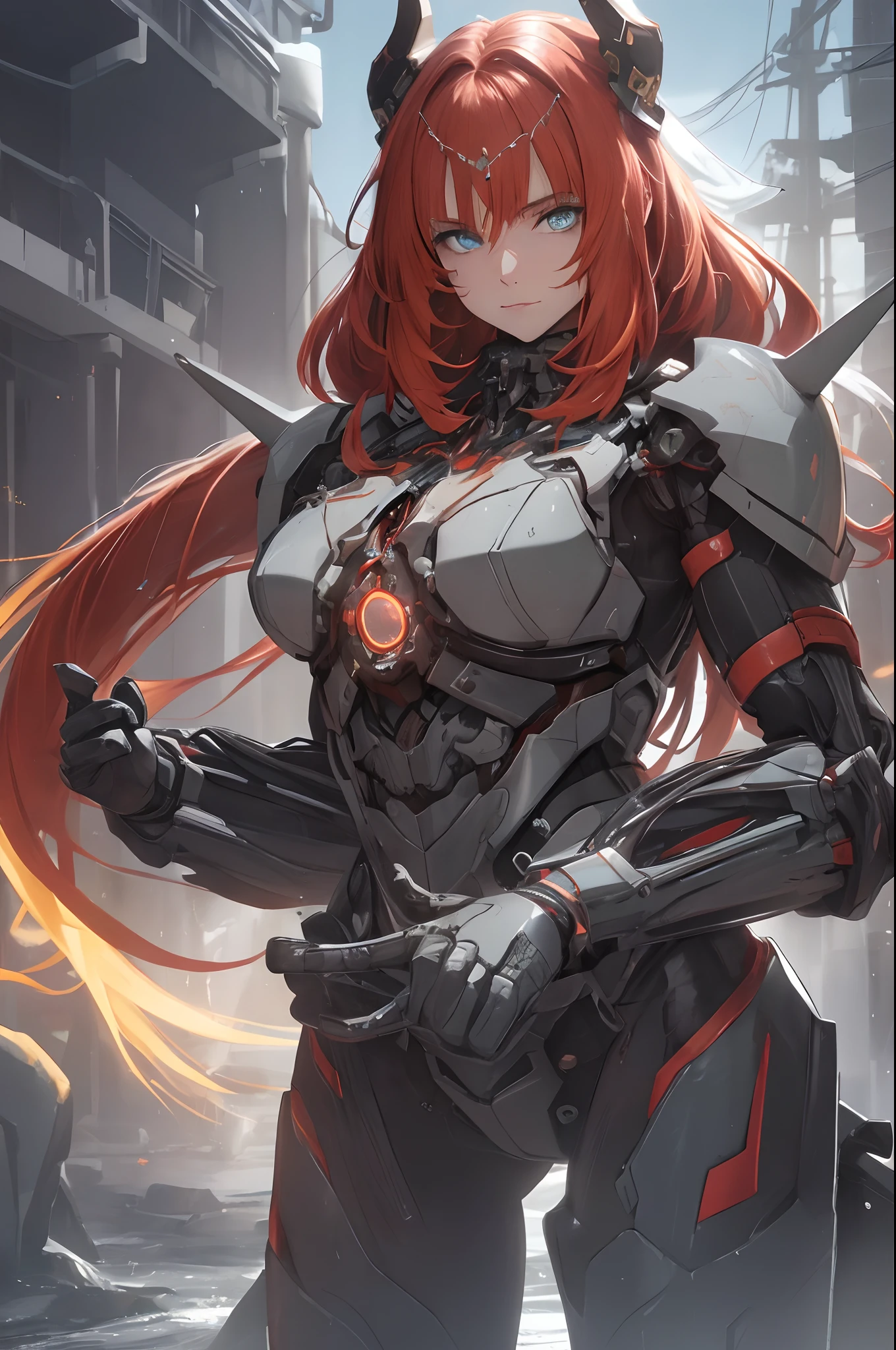 ((best quality)), ((Masterpiece)), (details:1.4), 3d, HDR (high dynamic range), an image of a beautiful cyberpunk female, Curly bangs, Red hair, Red eyes, จมูกโด่ง, ปากแดง, หน้าอกใหญ่, nvidia RTX, PBR surface, After processing, Anisotropic filtration,depth of field, Maximum clarity and clarity, multi-layered surface, Subsurface scattering, perfect proportions, 8K raw files, ความละเอียดสุดยอด, Unreal 5, Perfect proportions, Octane Render, Two-tone lighting, Wide aperture, Low ISO, รายละเอียดดวงตา, crusader, Heavy Red armor,