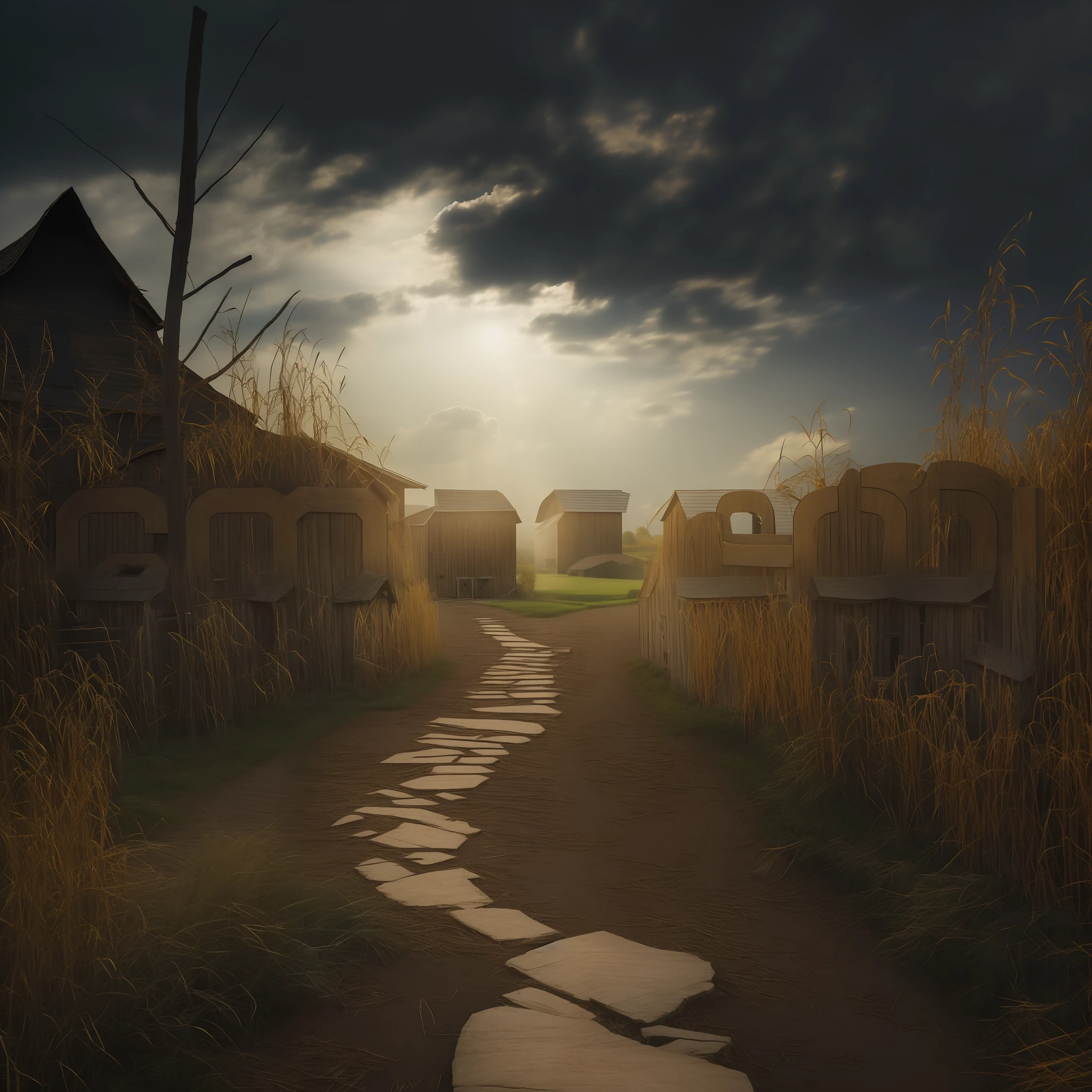 Aerial perspective of a rustic pathway winding towards a charming barn nestled within a golden cornfield.
