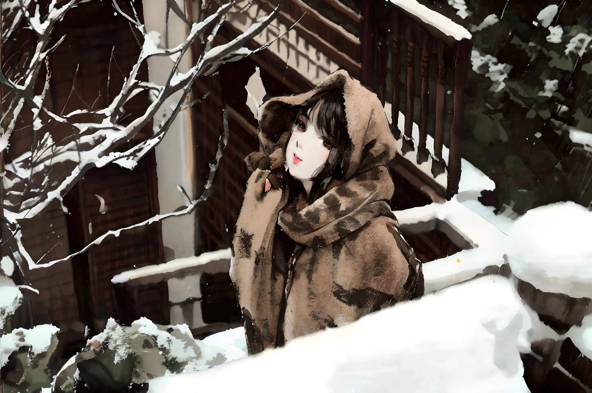 (tmasterpiece,best qualtiy:1.2),Tradition Chinese Ink Painting,A woman standing in the snow,Wear a scarf