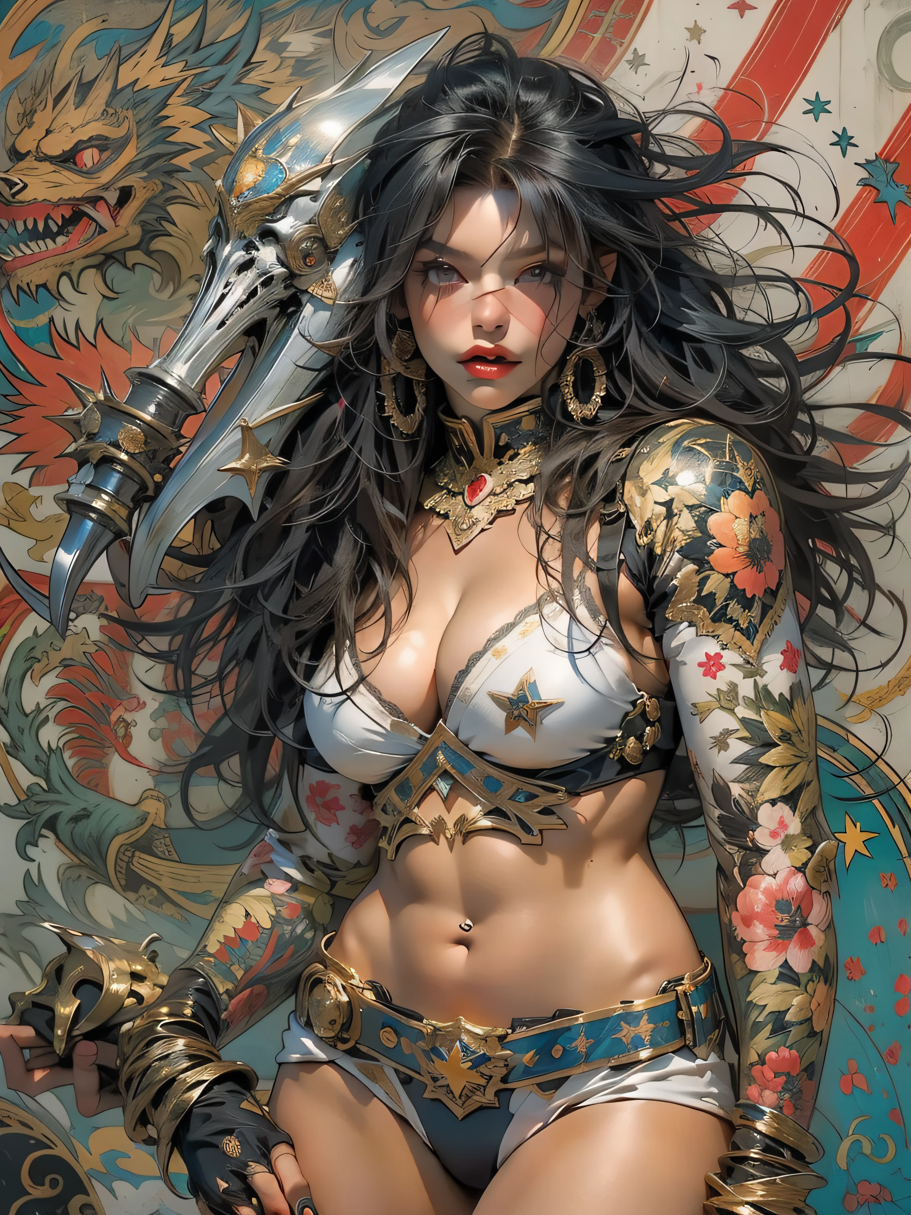 (((mulher))), (((melhor qualidade))), (((obra prima))), (((adulta))), Uma guerreira mulher de 35 anos com corpo perfeito, Brooklyn Gladiators, (( under boobs )), quase nua no estilo selvagem urbano de Simon Bisley para a capa da revista Heavy Metal, cabelo loiro, Minimum clothing, armadura (azul escuro com estrelas brancas e vermelho com listras brancas), cheio de pontas e rebites manchadas de tinta, tatuagem de estrelas de 5 pontas, (((corpo inteiro))), cabelo preto curto com franja branca cobrindo a testa