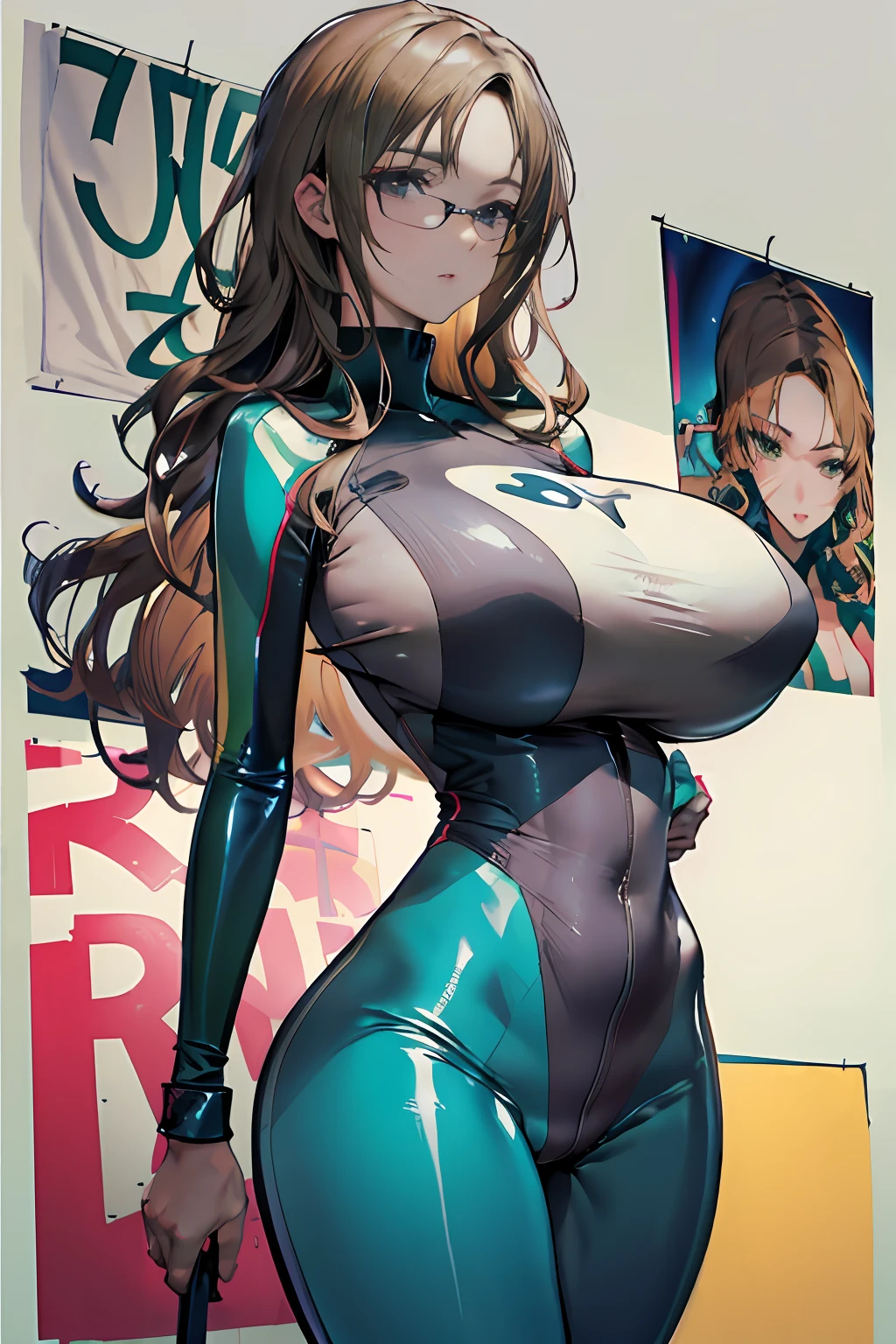 Ultra-realistic 8K CG,Flawless face,flawless perfection,,full bodyesbian,One-piece tights,Conjoinment,Light green latex set,Standing on the ground,poster for,huge tit,Huge breasts,A sagging breast,long leges,Slim,being thin,tightsuit,drooping chest,