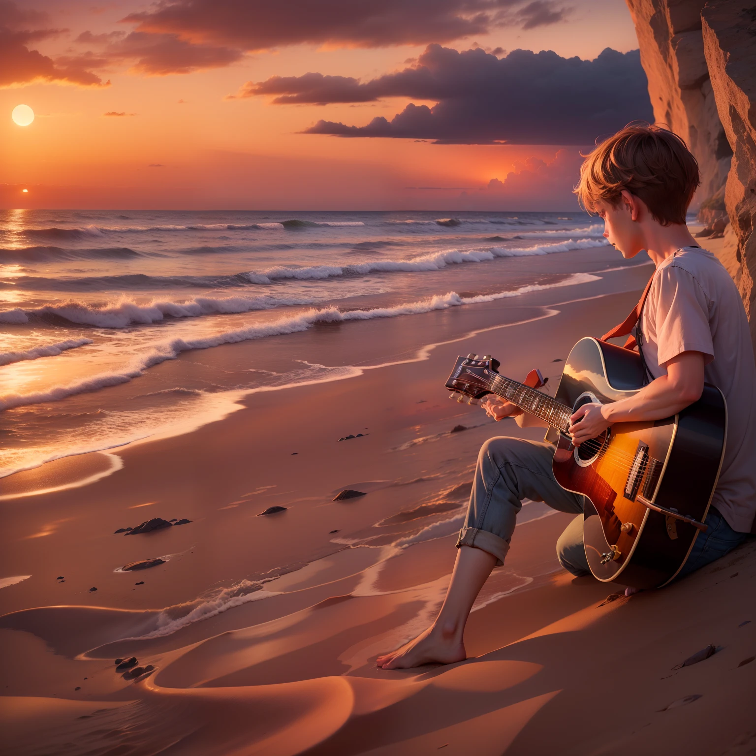 beach, gentle sunset, horizon, upturned boy admiring sunset, with guitar, photo, realistic photo, super realistic photo, 4K, 8K, HDR