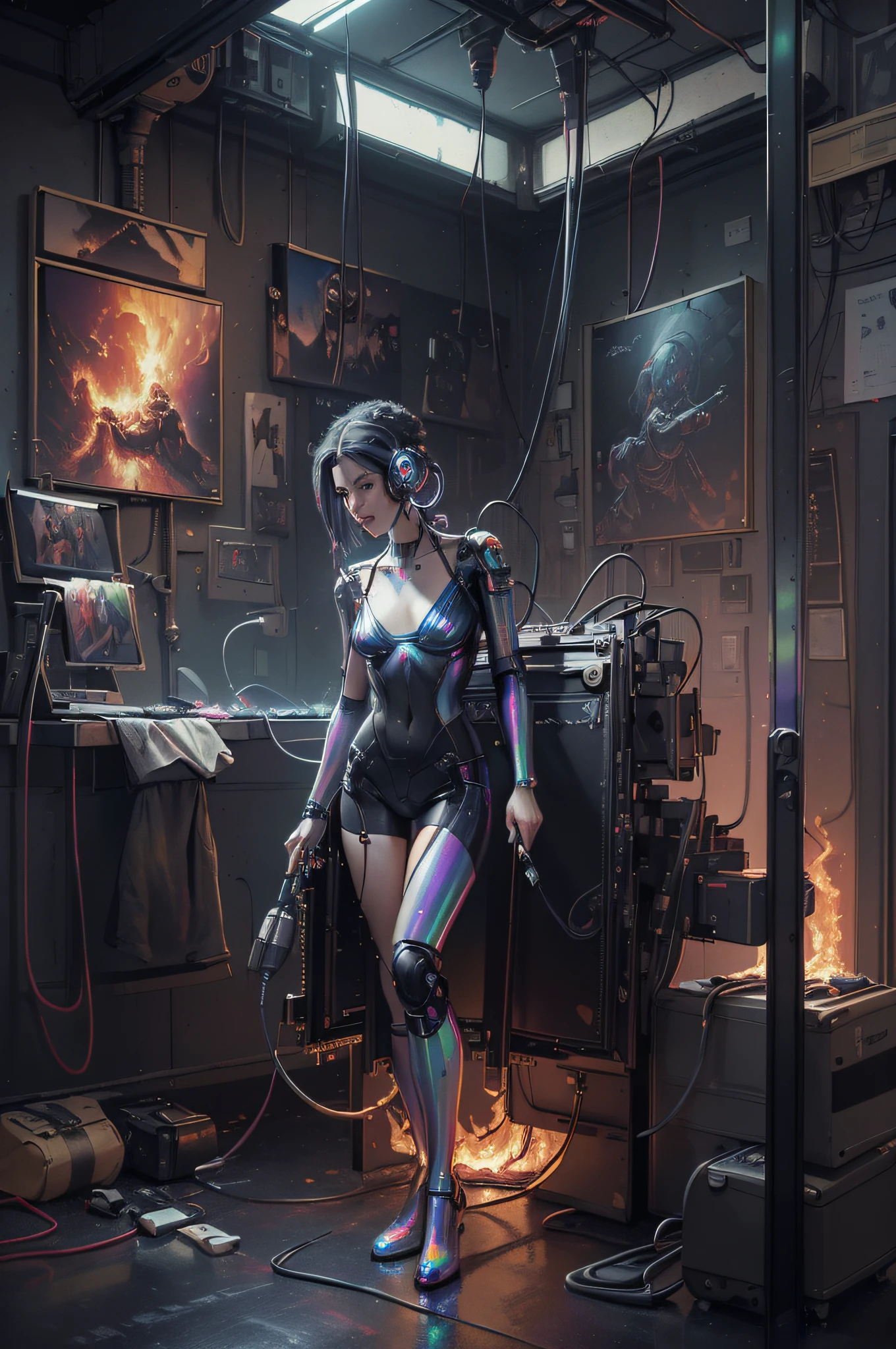 (masterpiece, best quality, highres, absurdres, detailed:1.2), humanoid, robot, wearing headphones, looking away, (cyberpunk, art canvas, paint brush, easel, iridescent, holographic: 1.6), (cables, wires, flames, fire, smoke, overheat, explosion, indoors, room, simple background)