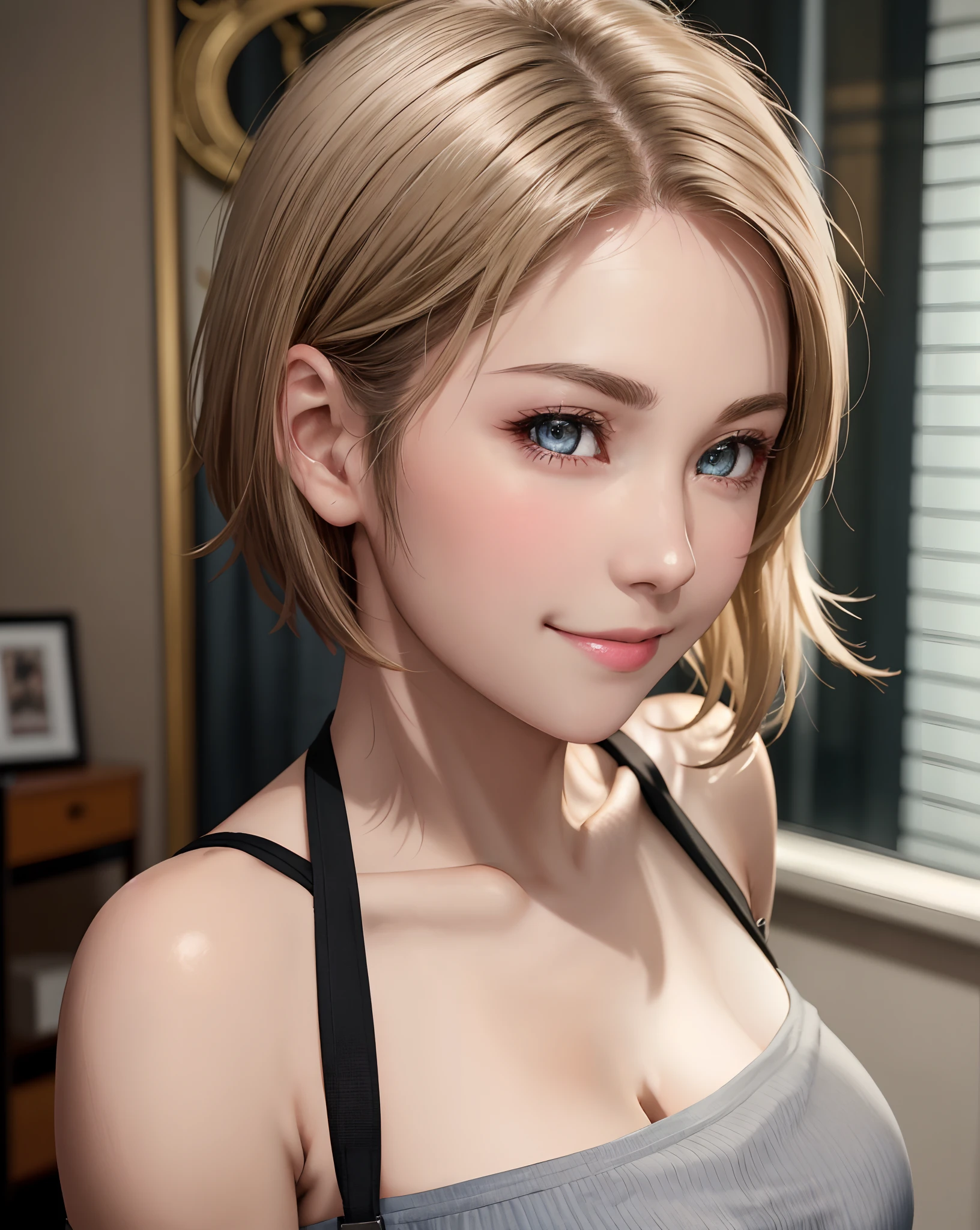 Best Quality, Ultra High Resolution, (Photorealistic: 1.4), Beautiful Eyes, Super Beautiful, Very Short Hair, Beautiful, Sweetheart, T-shirt with Rough Chest, Beautiful Soldier, Eyes That Invite Viewer, Lover's Perspective, Inviting Expression, Sexy Smile, Perfect Style, Perfect Balance, Detailed Skin, Naughty Gaze, Chest Visible