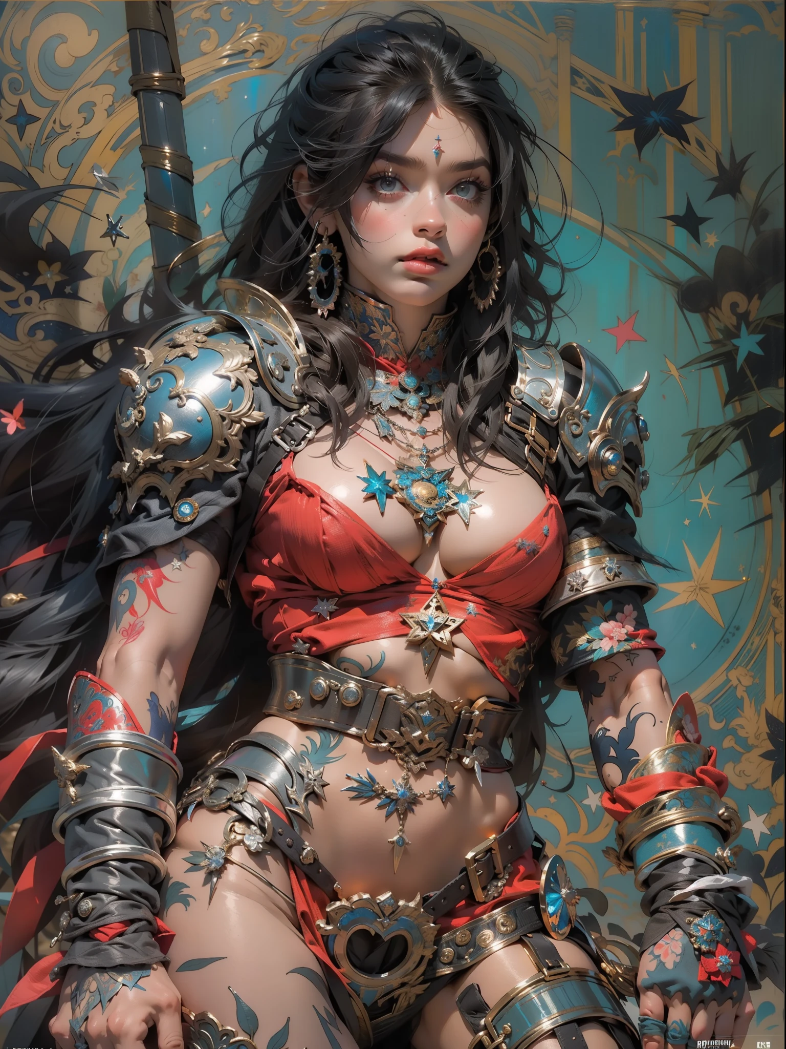 (((mulher))), (((melhor qualidade))), (((obra prima))), (((adulta))), Uma guerreira mulher de 35 anos com corpo perfeito, Brooklyn Gladiators, (( under boobs )), quase nua no estilo selvagem urbano de Simon Bisley para a capa da revista Heavy Metal, cabelo loiro, Minimum clothing, armadura (azul escuro com estrelas brancas e vermelho com listras brancas), cheio de pontas e rebites manchadas de tinta, tatuagem de estrelas de 5 pontas, (((corpo inteiro))), cabelo preto curto com franja branca cobrindo a testa
