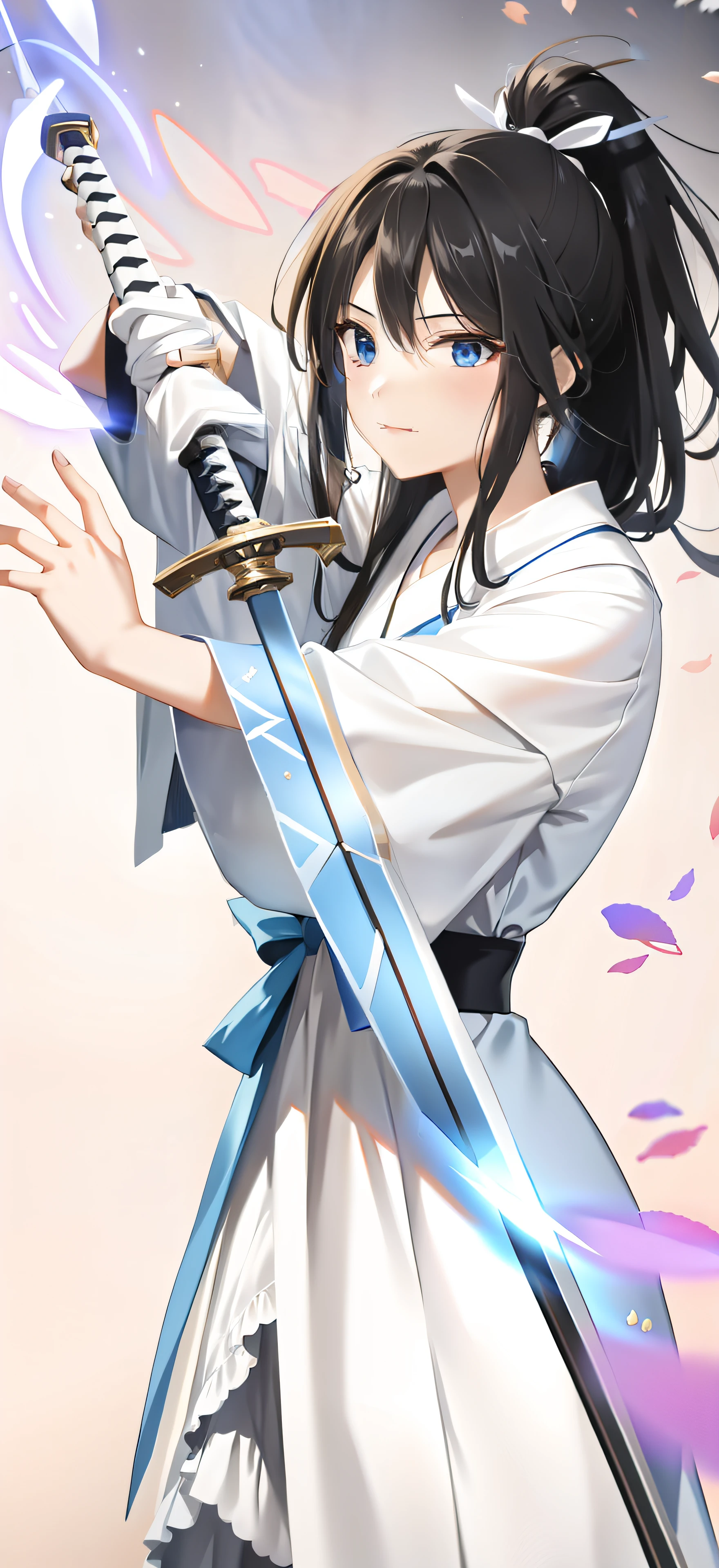 A woman in a white dress,Holding a sword in hand, she is holding a katana sword, holding a sword on her shoulder, she is holding a sword, while holding a sword, Holding An Sword, holding sabre, Holding a long sword, with large sword, the piercing stare of yuki onna, anime visual of a cute girl, Holding a sword