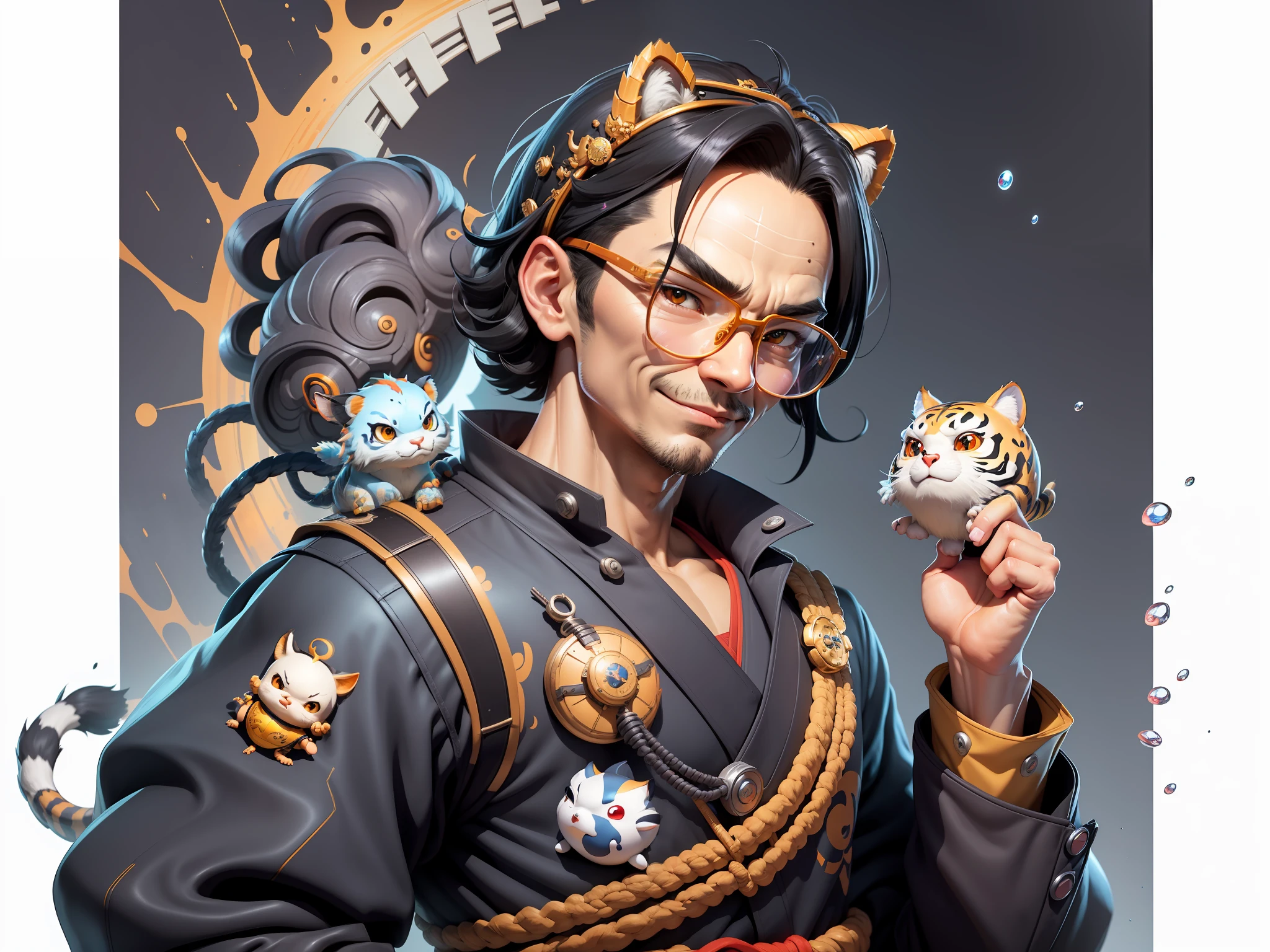 (Masterpiece), (Excellent), (Super Meticulous), (Full Body: 1.2), Super Young Man with Japanese Female Geisha, Pretty, Beautiful, Chinese Dragon, Tiger, Wind God Thor, Sexy, Bursting, Oriental Face, TV Anchor, Bust Portrait Illustration, Black Suit, Blue Tie, Slightly Chubby Face, Silver Glasses, Very Clean Face, No Beard on Chin, Black Super Short Hair, Black Eyes, Confident Smile, 3c Computer Sub-Products, iPad, iPhone, Digital Painting, 3D character design by Mark Clairedon and Pixar and Hayao Miyazaki and Akira Toriyama, the illustrations are HD illustrations in 4K resolution with highly detailed facial features and cartoon-style visuals.