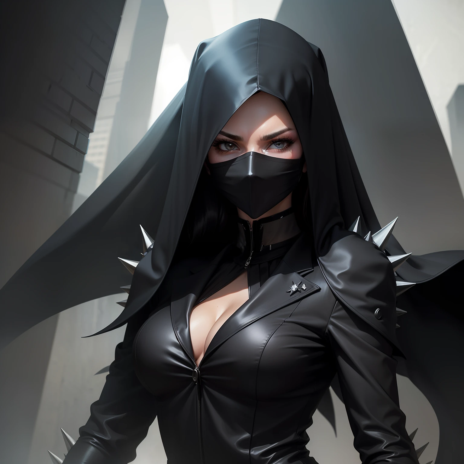 (A woman in a sleek, black business suit, her face concealed behind a fierce, spikey veil)