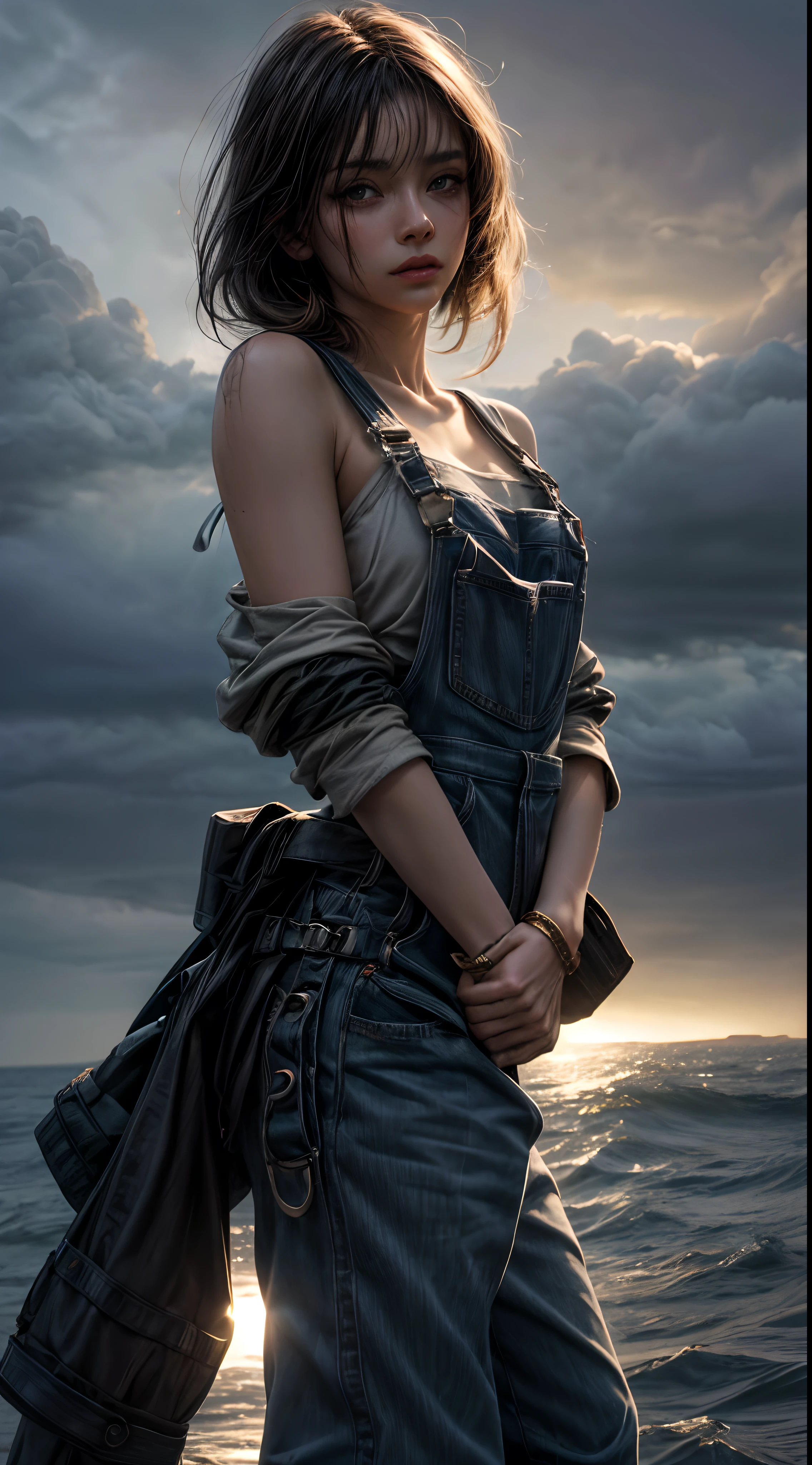 Garota 18 anos na chuva , corpo molhado, cabelo molhado prateado,Beautiful cybernetics looking at the camera , Dress Overalls,Obra-prima realista, Pose ativa, action pose, luz LED |, Gold Parts, franja, cabelo curto molhada, vista traseira, Costas, in a storm overcast sky with lightning and lightning, rear camera angle
