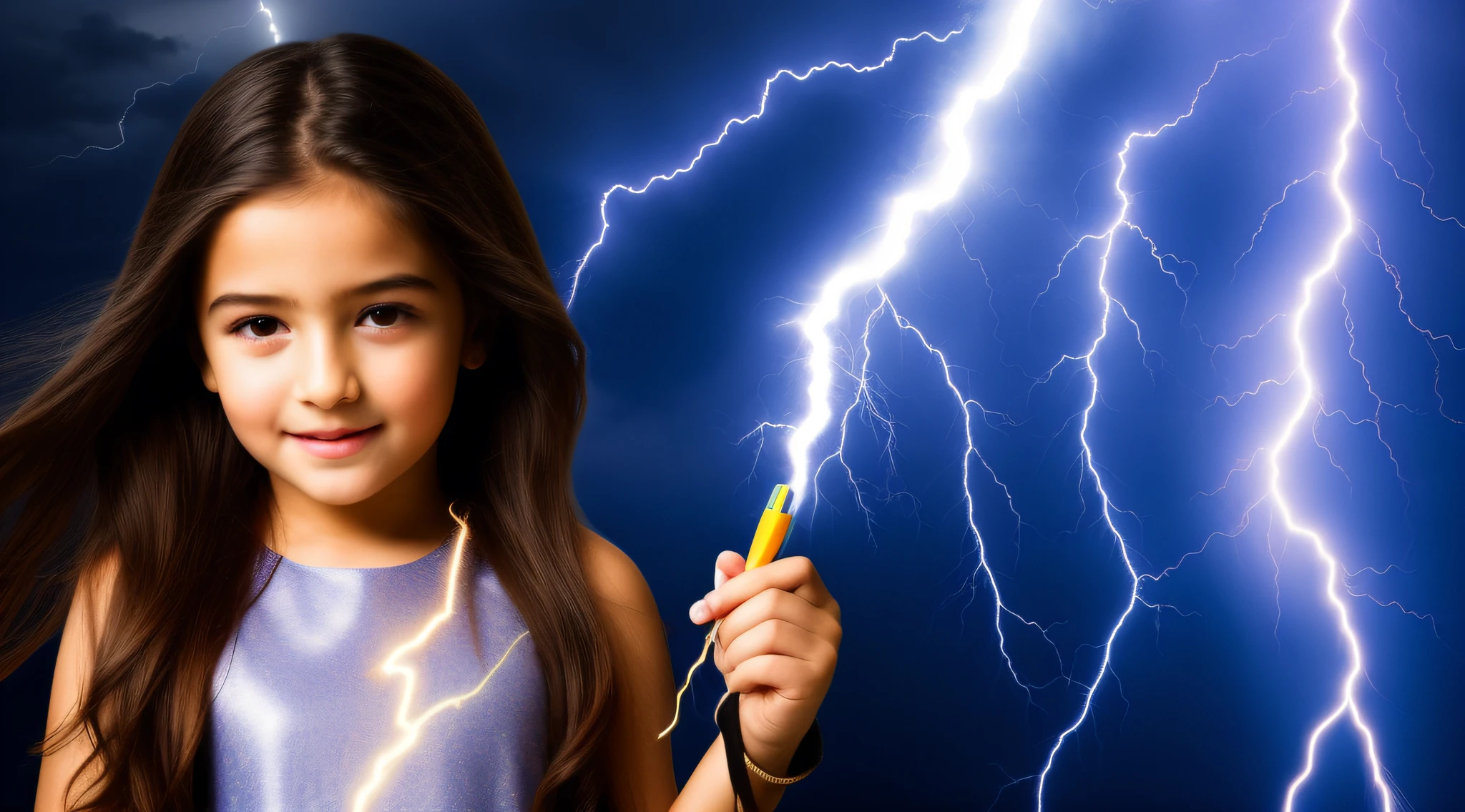 A closeup of a girl in a dress holding a crayon, littl with magical powers, she is attracting lightnings, splashes of lightning behind her, Professional studio lighting, lightning fantasy magic, magic lighting overlays, maya ali as a lightning mage, with lightning bolts, with lightning bolts, efeitos de raios, eletrizante, magic and lightning, lightnings