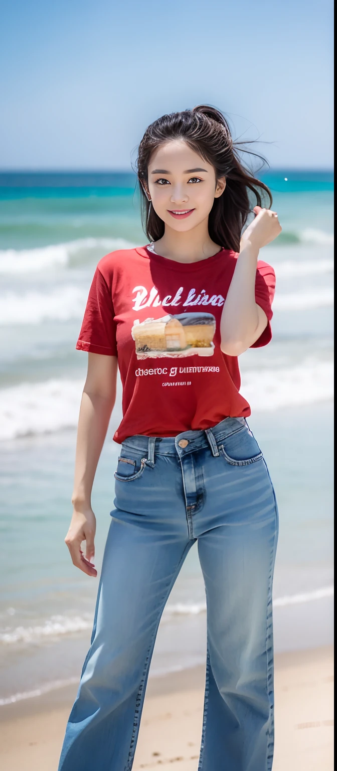 A woman in jeans standing on the beach,Dancing sexy,Full body shooting:1.8(RAW photogr,超高分辨率,tmasterpiece,best qualtiy:1.4),Complicated details, 20 years old Korean girl,Wear a stylish t-shirt and stylish jeans,detailed outfits,Detailed beach,A sweet smile appeared on the little face,The face is white and tender,skin lightening,Ultra-realistic facial details,Beautiful accessories,Playful and coquettish pose,The calves are straight and slender:1.5,Wear high-end branded travel shoes:1.5,eventide,warm color,Broad lighting,naturalshadow,taking a full body photo:1.8