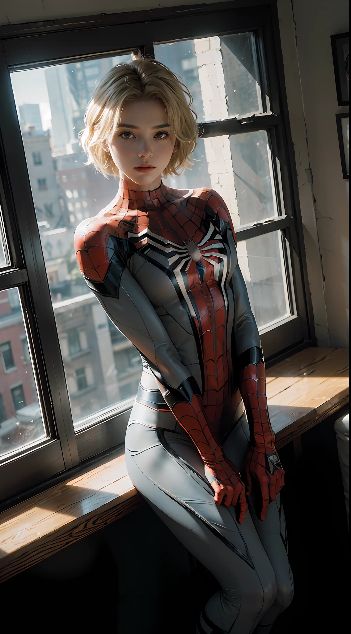 (Extreme Detail CG Unity 8K wallpaper, masterpiece, top quality), (exquisite lighting and shadows, very dramatic images, cinematic lens effects), girl in white Spider-Man costume, blonde hair color, Spider-Man parallel universe, Wenger, Marvel, Spider-Man, sitting on the sofa, dynamic pose), (excellent detail, excellent lighting, wide angle), (excellent rendering, enough to stand out in its class), white Spider-Man costume, focusing on complex spider textures