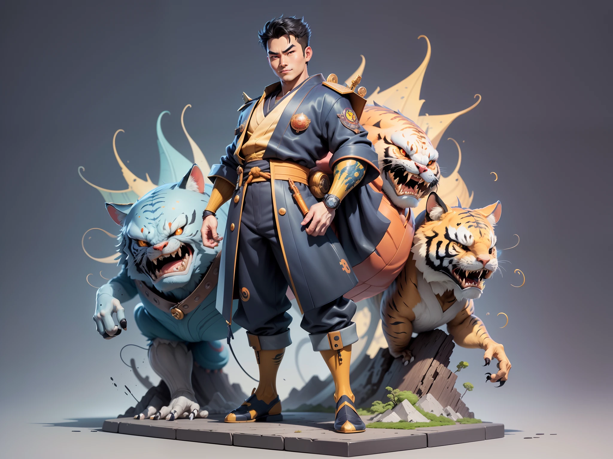 (Masterpiece), (Excellent), (Super Meticulous), (Full Body: 1.2), Super Young Man, Oriental Face, Japanese Kimono, Japanese Wind Thunder God, Dragon, Tiger, TV Anchor, Bust Portrait Illustration, Alone, Black Suit, Blue Tie, Slightly Chubby Face, Very Clean Face, No Beard, Black Super Short Hair, Black Eyes, Confident Smile, 3c Computer Sub-Products, iPad, iPhone, Digital Painting, 3D Character Design by Akira Toriyama and Mark Claireden and Pixar and Hayao Miyazaki, The illustration is a high-definition illustration in 4K resolution with very detailed facial features and cartoon-style visuals.