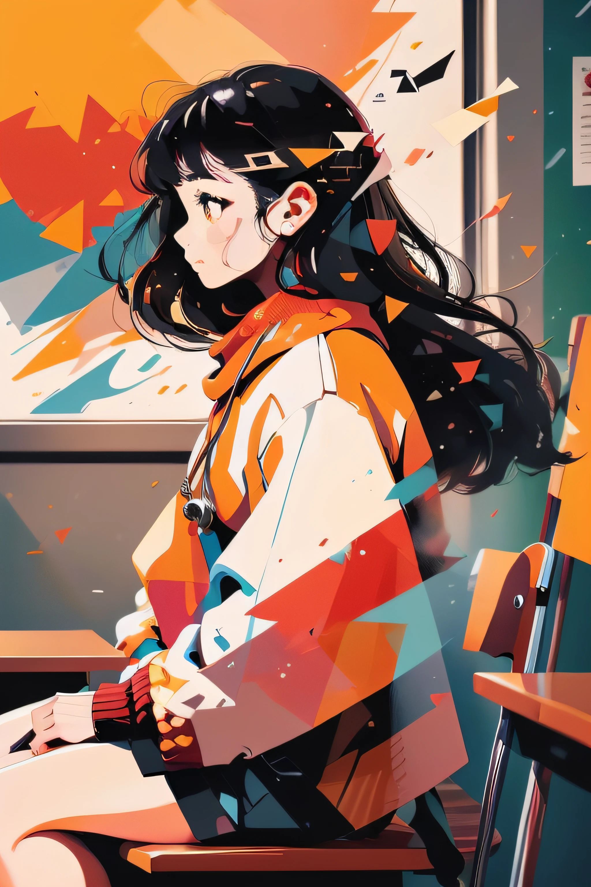 In the softly lit classroom, the walls are adorned with a captivating array of artwork, each piece seemingly alive with color and movement. The air is infused with a serene ambiance, a tranquil space for intellectual exploration. Sunlight filters through the windows, casting warm, golden hues upon the room's contents. The desks are meticulously arranged in neat rows, their polished surfaces reflecting the gentle light. Each desk bears the marks of countless hours of study, a testament to the diligent minds that have occupied these seats. At the front of the room, a large, oak desk sits imposingly, its surface gleaming under the sunlight's touch. Amidst this arrangement, the easel-mounted painting takes center stage. Its canvas is a tapestry of vivid brushstrokes, reminiscent of Van Gogh's bold and textured style. The colors, infused with an almost otherworldly vibrancy, ignite a sense of fervor within the room. The painting's beauty is a magnetic pull, drawing the gaze of every occupant, inviting contemplation and reflection. And there, at one of the desks, sits the girl with long, black-brown hair, her back to the viewer. She is the embodiment of focused study, her profile highlighted by the soft glow of the window's light. The tendrils of her hair catch glimmers of radiance, lending an aura of mystery to her presence. She is engrossed in her work, a vision of dedication and introspection. In this classroom, the convergence of art and education is palpable. The spirit of Van Gogh seems to whisper through the air, infusing the space with an almost tangible passion. As you take in the scene, the atmosphere envelops you, inviting you to join the girl in her pursuit of knowledge, to explore the realms of imagination and discovery that this room represents., painting, style of vangogh, the girl is sitting in front of the viewer, other kids in the classroom