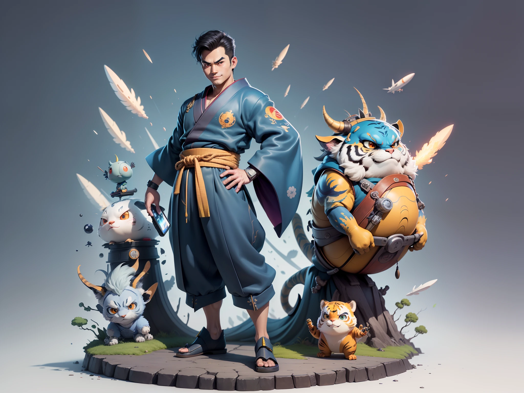 (Masterpiece), (Excellent), (Super Meticulous), (Full Body: 1.2), Super Young Man, Oriental Face, Japanese Kimono, Japanese Wind Thunder God, Dragon, Tiger, TV Anchor, Bust Portrait Illustration, Alone, Black Suit, Blue Tie, Slightly Chubby Face, Very Clean Face, No Beard, Black Super Short Hair, Black Eyes, Confident Smile, 3c Computer Sub-Products, iPad, iPhone, Digital Painting, 3D Character Design by Akira Toriyama and Mark Claireden and Pixar and Hayao Miyazaki, The illustration is a high-definition illustration in 4K resolution with very detailed facial features and cartoon-style visuals.