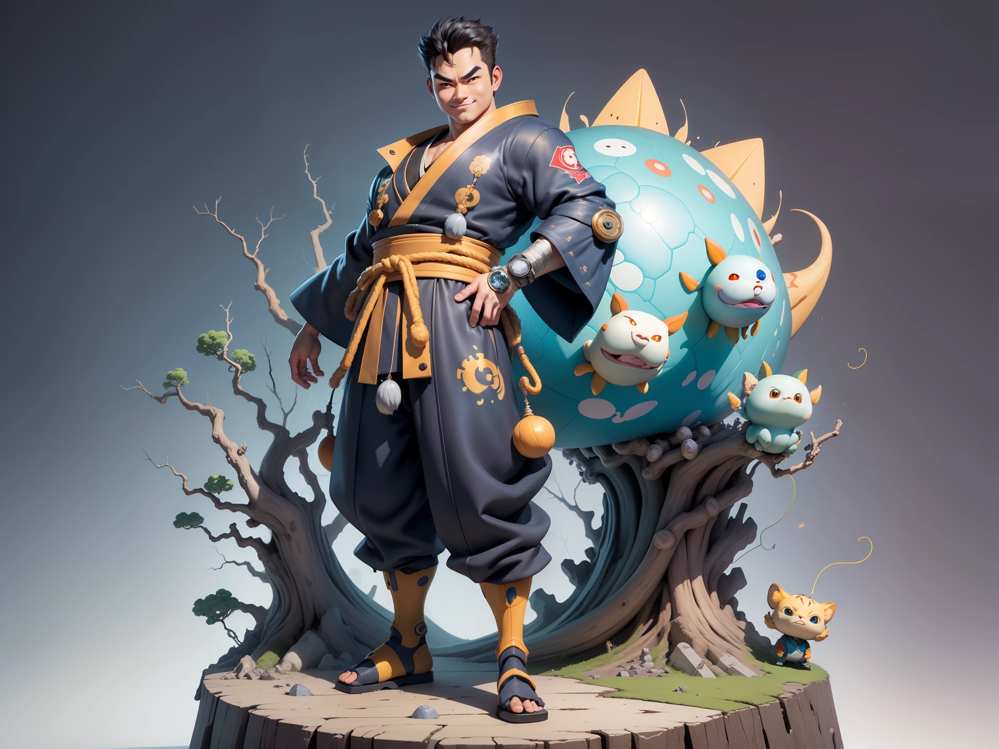 (Masterpiece), (Excellent), (Super Meticulous), (Full Body: 1.2), Super Young Man, Oriental Face, Japanese Kimono, Japanese Wind Thunder God, Dragon, Tiger, TV Anchor, Bust Portrait Illustration, Alone, Black Suit, Blue Tie, Slightly Chubby Face, Very Clean Face, No Beard, Black Super Short Hair, Black Eyes, Confident Smile, 3c Computer Sub-Products, iPad, iPhone, Digital Painting, 3D Character Design by Akira Toriyama and Mark Claireden and Pixar and Hayao Miyazaki, The illustration is a high-definition illustration in 4K resolution with very detailed facial features and cartoon-style visuals.