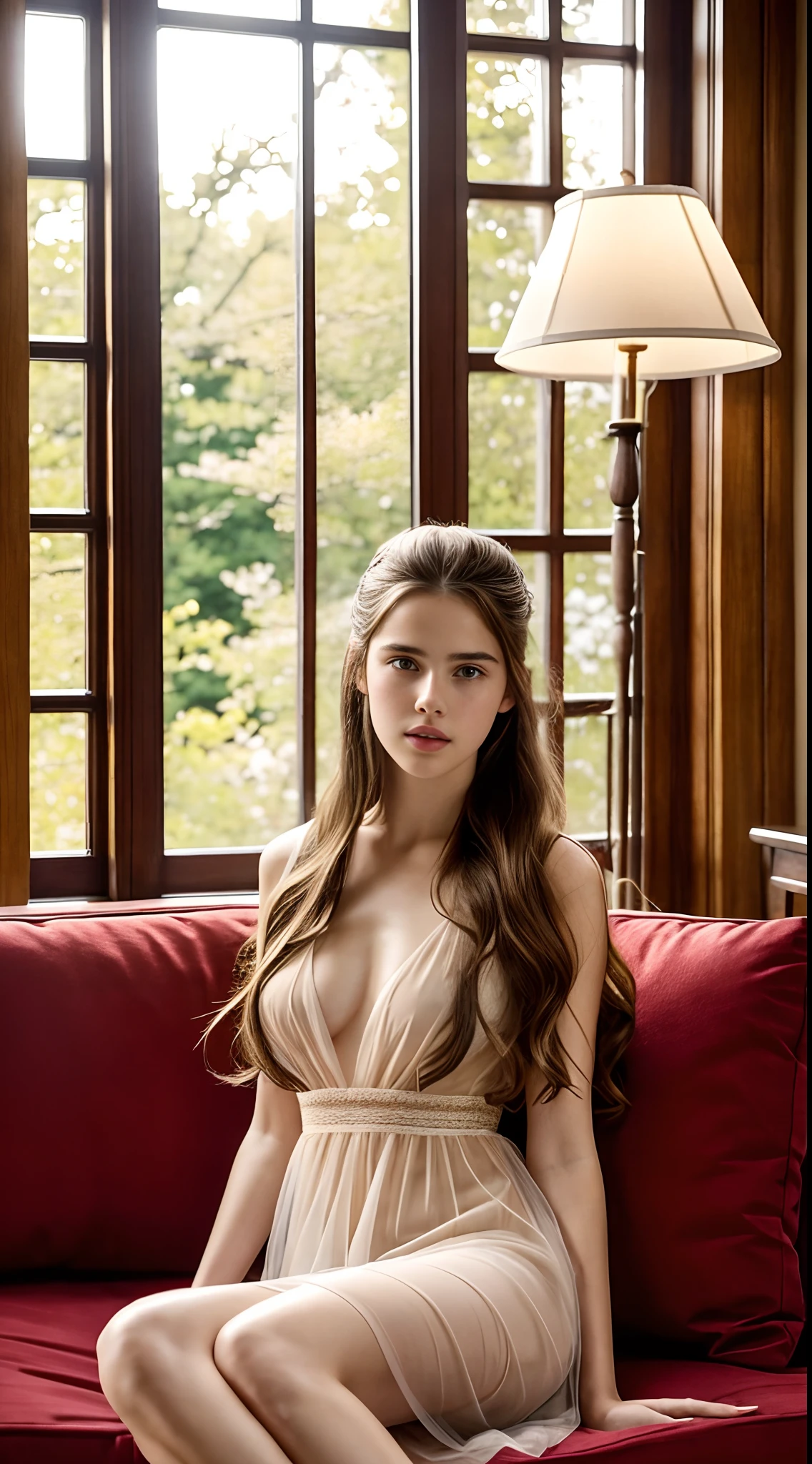 Beautiful young Margaret Qualley, glasses, sheer dress, hyperrealistic, , model body, big breasts, beautiful breasts, big hips, long hair, ponytail, long legs, 8k, oriental house, cherry blossom, sunrise , light lighting, sitting on sofa