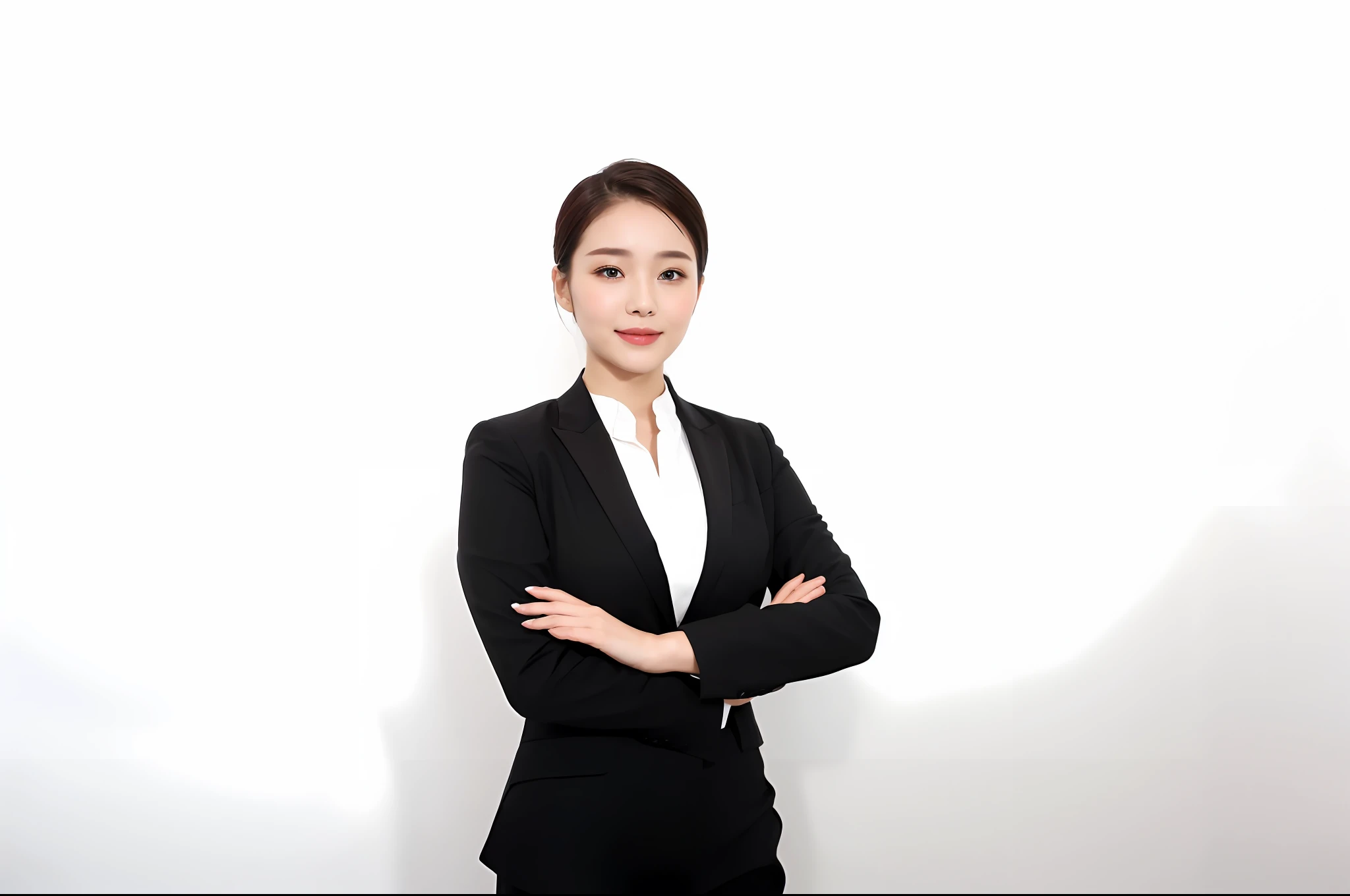 ((Best Quality, 8k, Masterpiece: 1.3)), 1 girl, smile, full body, slim face, pretty woman, short dark brown hair, white crisp shirt on upper body, black straight suit pants on upper body, high heels, super detailed face, detailed eyes, double eyelids, blurred background, slim face, tall building