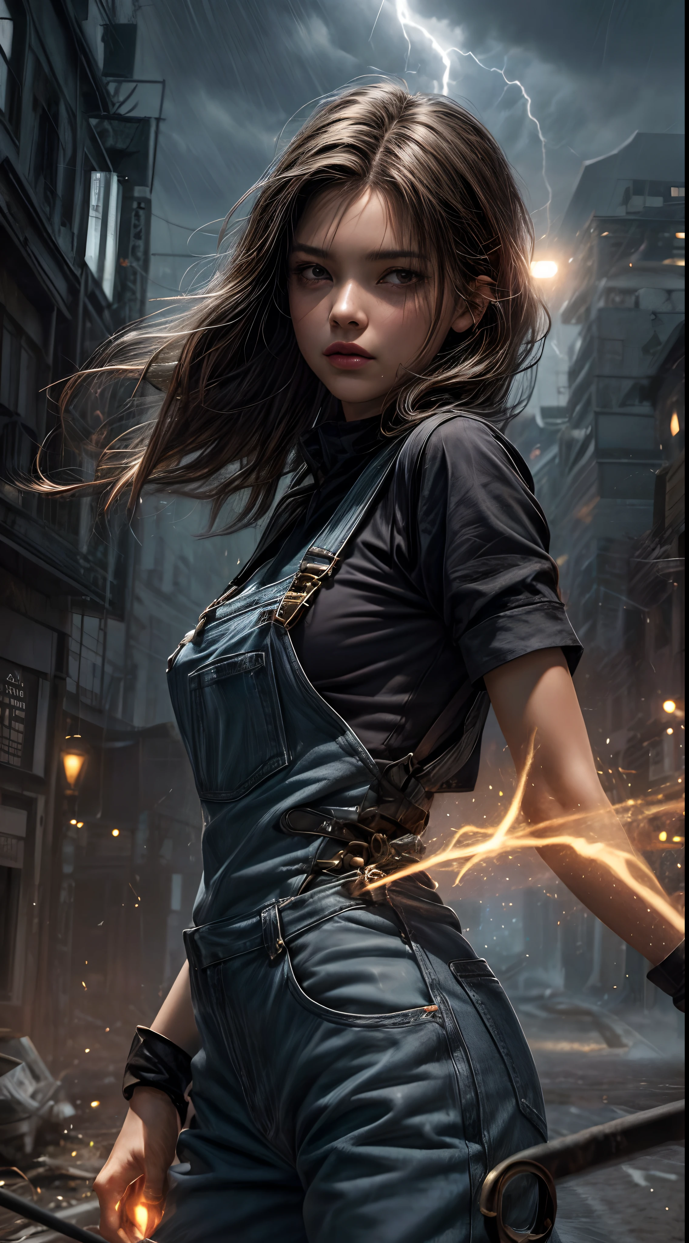 Garota 18 anos na chuva , corpo molhado, cabelo molhado prateado,Beautiful cybernetics looking at the camera , Dress Overalls,Obra-prima realista, Pose ativa, action pose, luz LED |, Gold Parts, franja, cabelo curto molhada, vista traseira, Costas, in a storm overcast sky with lightning and lightning, rear camera angle