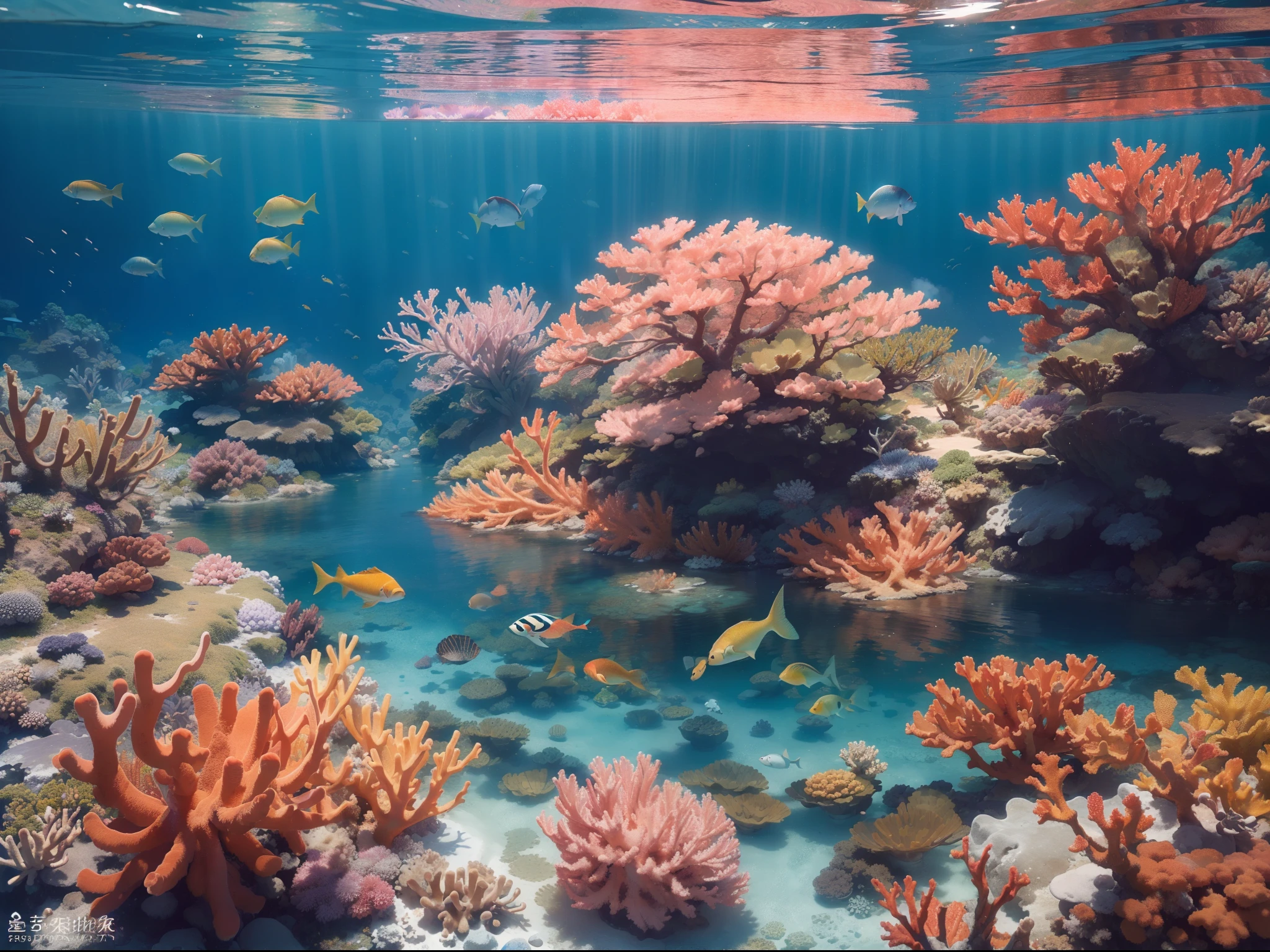(masutepiece, Best Quality:1.4),(8K,Raw photo, photographrealistic:1.2), nffsw, In colorful coral reefs、The surface is home to different types of fish and corals, Sunlight illuminates the surface of the water, Akirakswan, under the water, richly colored, colorful corals, Lassen-like coloring