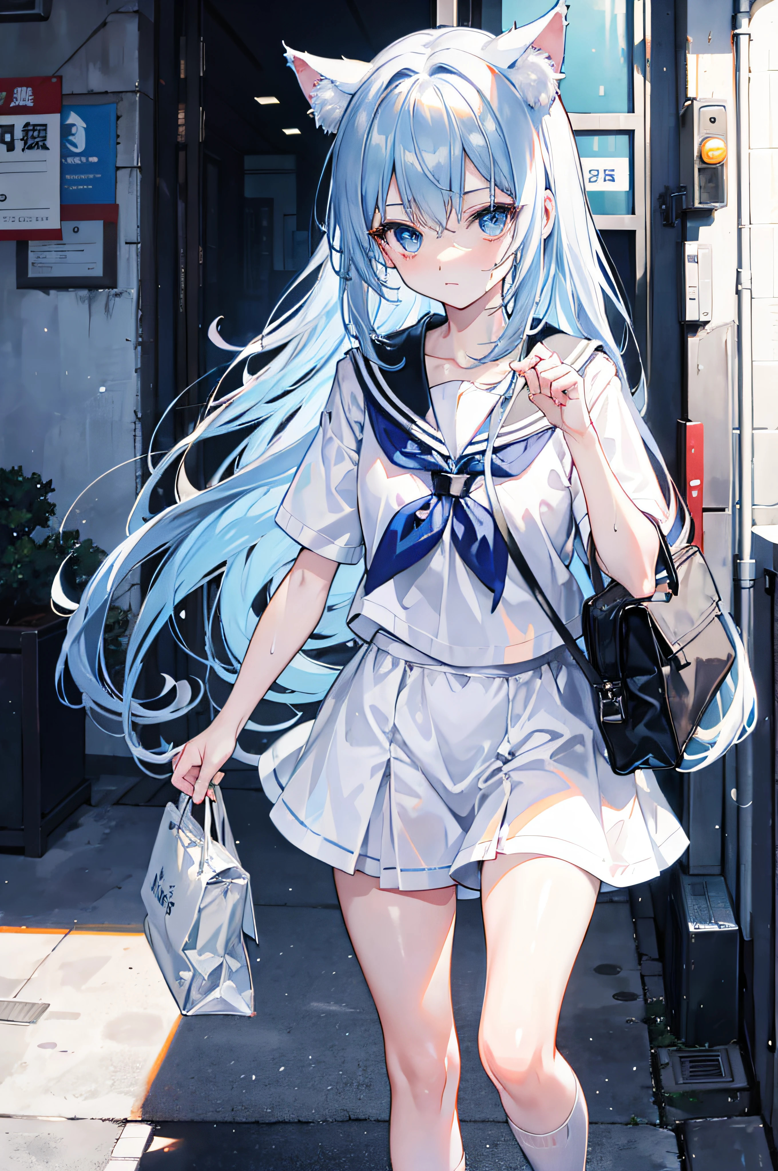 masutepiece,Best quality,ultra - detailed,Two hands,Two legs,Five fingers,best faces,1 girl,light blue long hair,timid,Cat ears,pale blue color eyes, Height 145 cm,small tits,Cat tail,Baby face,timid,a sailor suit,White T-Shirts,a black skirt,White socks,Holding a bag in his hand,Clothes wet with sweat,exhausted face,school,walking down a road,heat haze