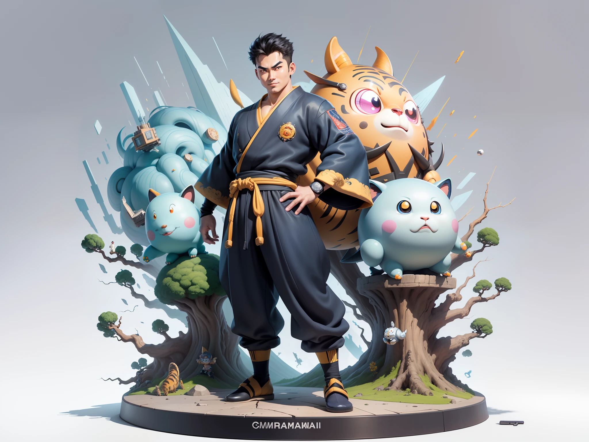(Masterpiece), (Excellent), (Super Meticulous), (Full Body: 1.2), Super Young Man, Oriental Face, Japanese Kimono, Japanese Wind Thunder God, Dragon, Tiger, TV Anchor, Bust Portrait Illustration, Alone, Black Suit, Blue Tie, Slightly Chubby Face, Very Clean Face, No Beard, Black Super Short Hair, Black Eyes, Confident Smile, 3c Computer Sub-Products, iPad, iPhone, Digital Painting, 3D Character Design by Akira Toriyama and Mark Claireden and Pixar and Hayao Miyazaki, The illustration is a high-definition illustration in 4K resolution with very detailed facial features and cartoon-style visuals.
