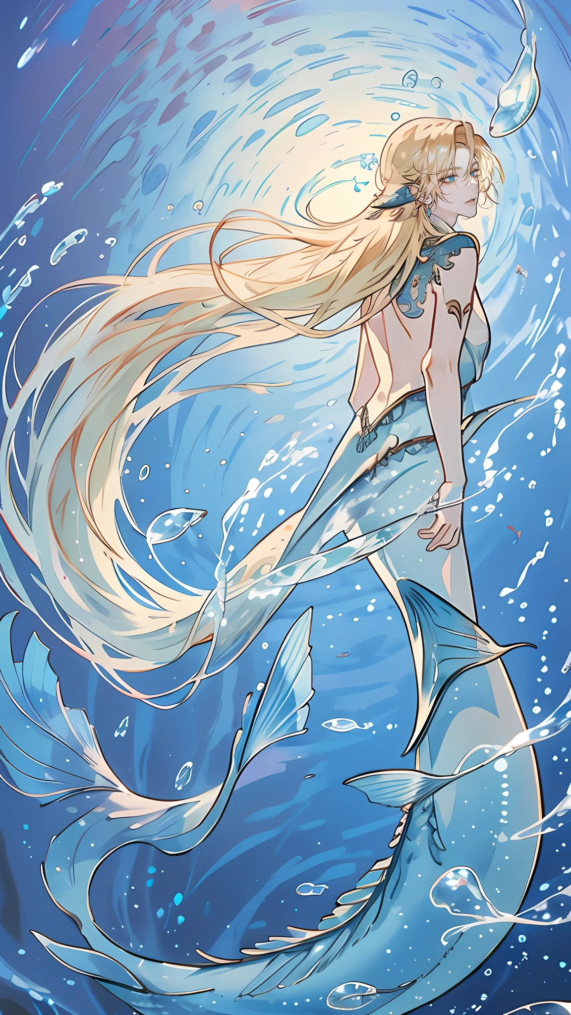 Blonde hair, Gradient hair, Red hair, Long hair, jewelry, hair adornments, Moles under eyes, Heterochromia, long and pointed ears, A handsome man, mermaids, Swimming in the water, Big blue fish tail, In the water, bubbles in water, benthos, full bodyesbian，Bare upper body ，anime big breast, romanticism lain, Impressionism, Cinematic lighting, god light, anaglyph, hyper HD, Masterpiece, Textured skin, High details，Blue fish tail，merfolk，Full body photo，Strong upper body