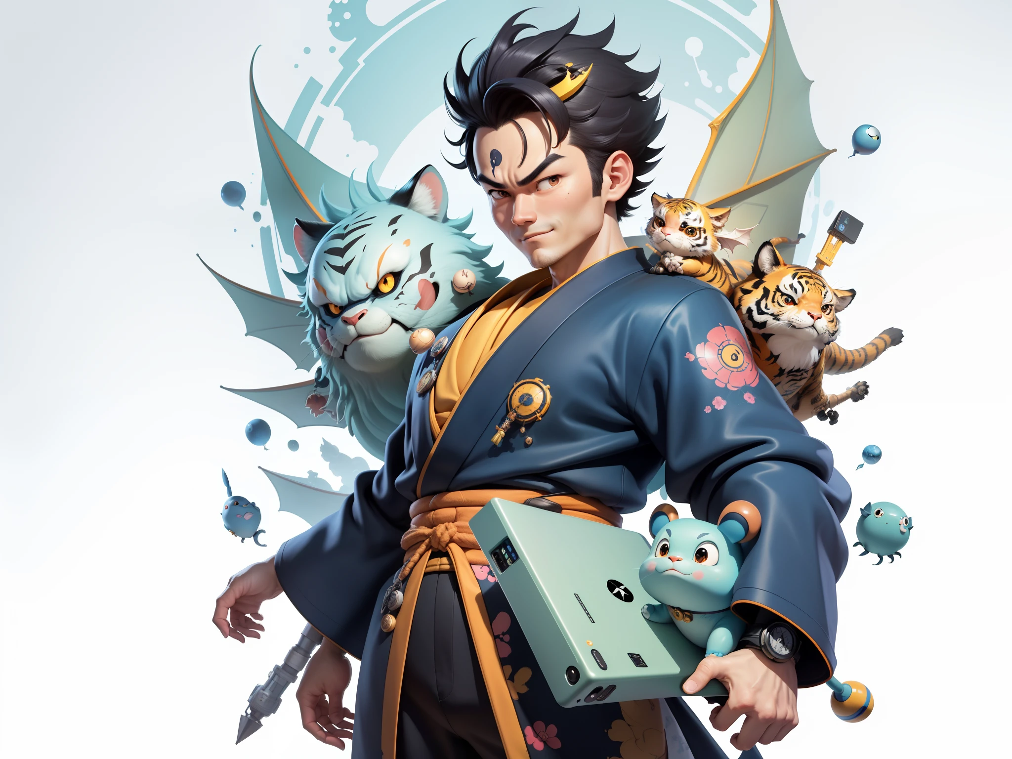 (Masterpiece), (Excellent), (Super Meticulous), (Full Body: 1.2), Super Young Man, Oriental Face, Japanese Kimono, Japanese Wind Thunder God, Dragon, Tiger, TV Anchor, Bust Portrait Illustration, Alone, Black Suit, Blue Tie, Slightly Chubby Face, Very Clean Face, No Beard, Black Super Short Hair, Black Eyes, Confident Smile, 3c Computer Sub-Products, iPad, iPhone, Digital Painting, 3D Character Design by Akira Toriyama and Mark Claireden and Pixar and Hayao Miyazaki, The illustration is a high-definition illustration in 4K resolution with very detailed facial features and cartoon-style visuals.
