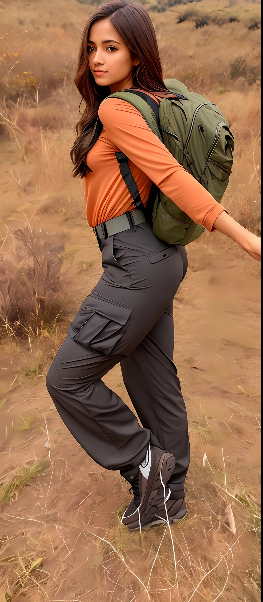 A beautiful woman in brown shirt and black pants with backpack, wearing cargo pants, roupas de caminhada, meio tiro de um hunky, malhar no campo, zirconium pants, carrying survival gear, foto do perfil, portando um fuzil, side view, usando equipamento de aventura, distant full body view, Close-up de corpo inteiro