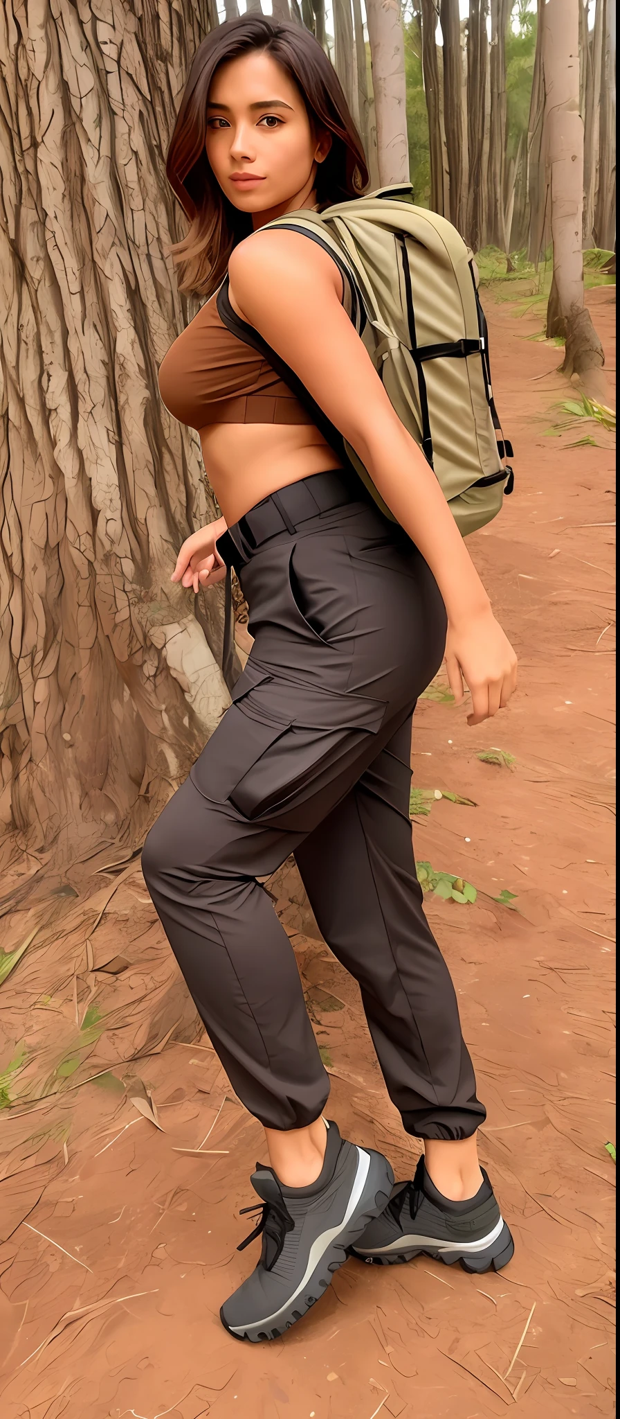 A beautiful woman in brown shirt and black pants with backpack, wearing cargo pants, roupas de caminhada, meio tiro de um hunky, malhar no campo, zirconium pants, carrying survival gear, foto do perfil, portando um fuzil, side view, usando equipamento de aventura, distant full body view, Close-up de corpo inteiro