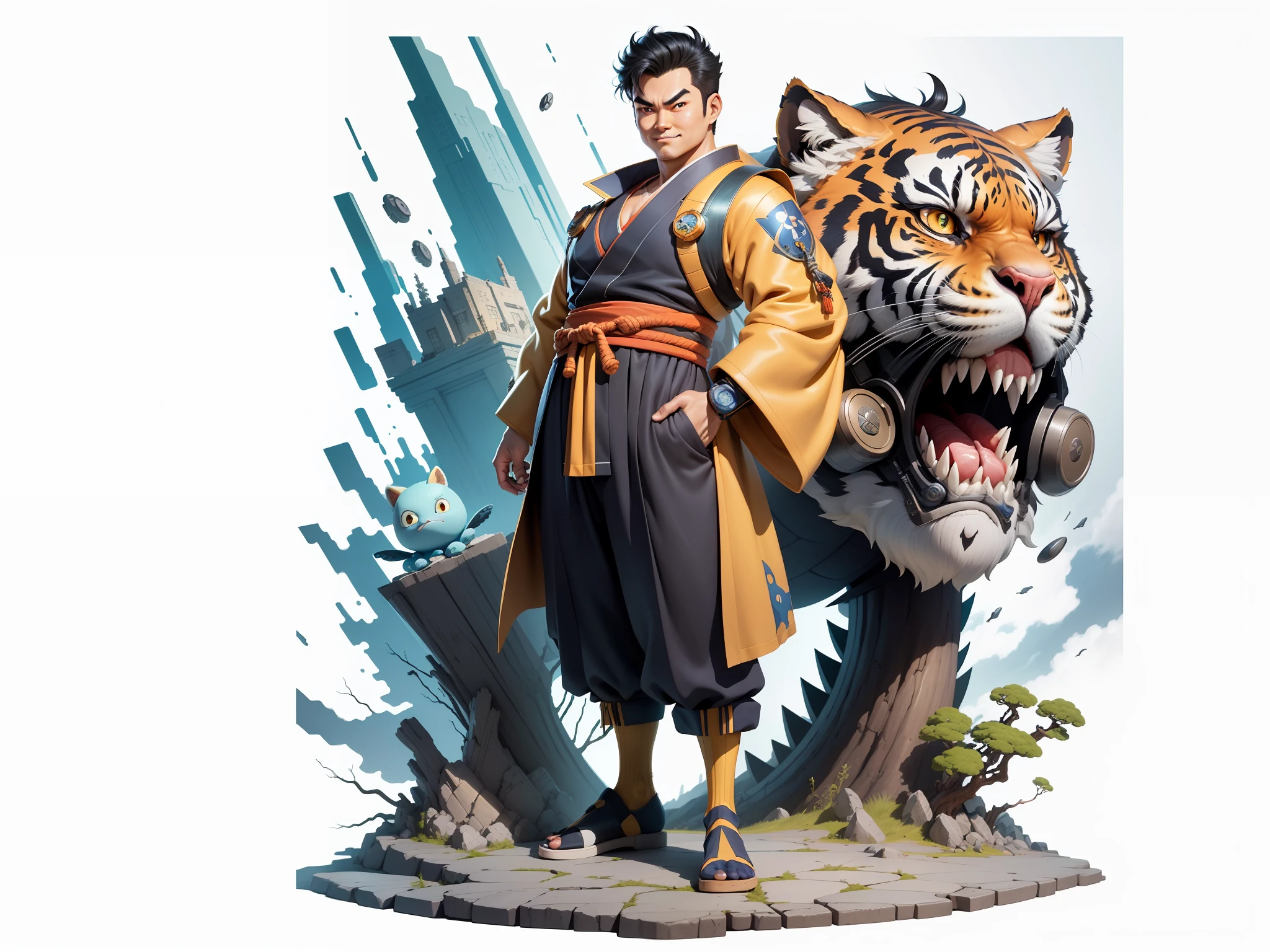 (Masterpiece), (Excellent), (Super Meticulous), (Full Body: 1.2), Super Young Man, Oriental Face, Japanese Kimono, Japanese Wind Thunder God, Dragon, Tiger, TV Anchor, Bust Portrait Illustration, Alone, Black Suit, Blue Tie, Slightly Chubby Face, Very Clean Face, No Beard, Black Super Short Hair, Black Eyes, Confident Smile, 3c Computer Sub-Products, iPad, iPhone, Digital Painting, 3D Character Design by Akira Toriyama and Mark Claireden and Pixar and Hayao Miyazaki, The illustration is a high-definition illustration in 4K resolution with very detailed facial features and cartoon-style visuals.
