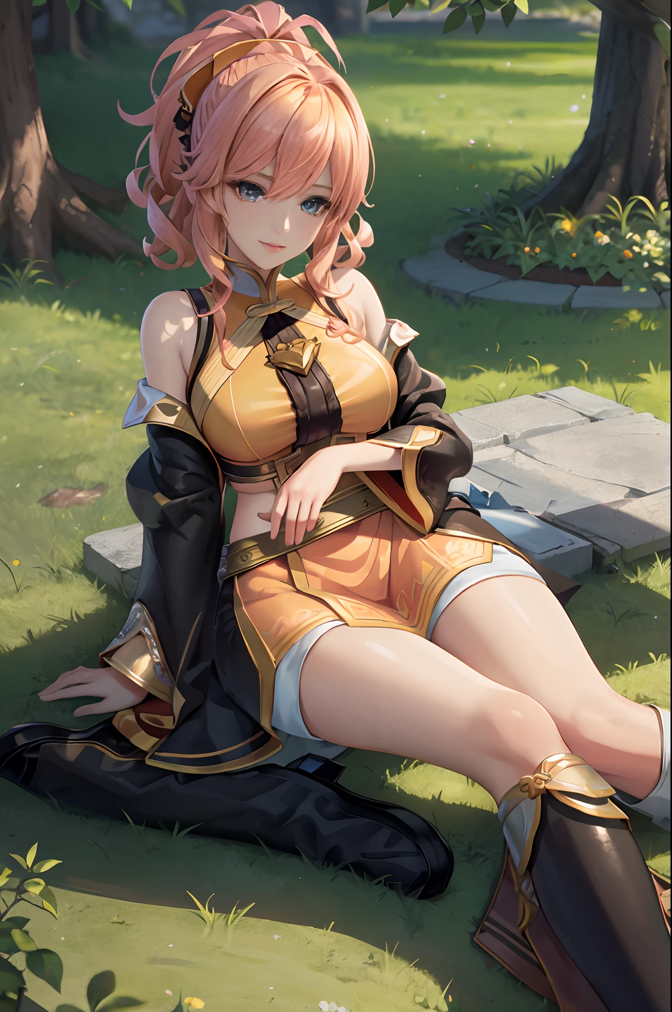 tmasterpiece, Best quality, (Detailed eyes and skin), ((Realistic)), A top-down perspective,jixiaoman, 1girll,Lazy girl,A girl lies on the grass,face to the viewer,rays of sunshine, Blonde_Hair, Pink_Hair, Yellow_clothes, black_clothes, Blue_Eyes, Blue_sky, Blurry, Blurry_Background, Blurry_foreground,, mediating_Breasts, Exercise_bblurry,nase,exteriors,photore_\(curly\),A plant,short detailed hair,独奏,
