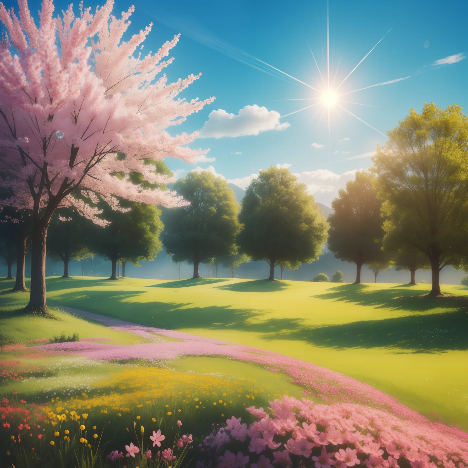 Beautiful sunny environment, small flowers of various colors, trees, small dewdrops