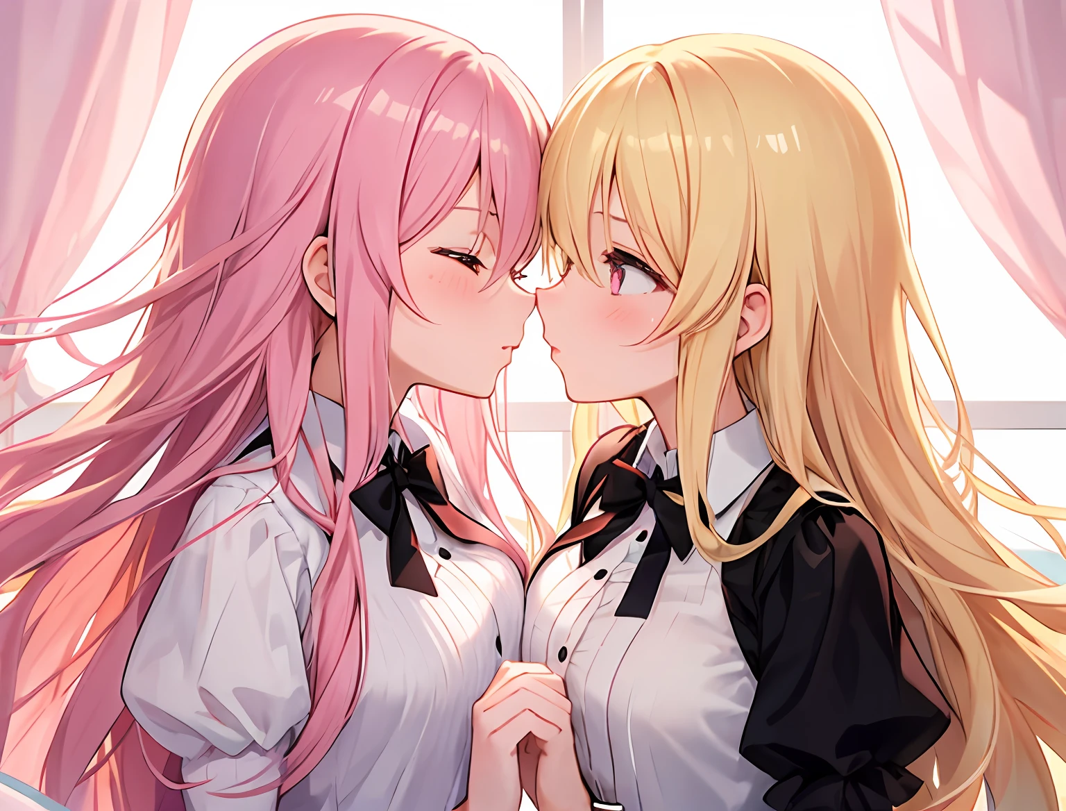 2girls,Girl1:,adolable,A pink-haired,long whitr hair,girl 2:Blonde hair,long whitr hair,kiss,touch each other 's chest