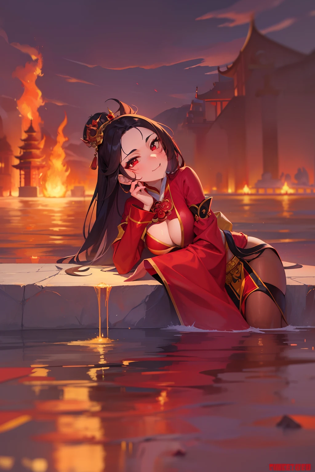 princess azula, evening, sunset, looking at viewer, cleavage, red satin robes, clothed bathing, girl floating above the water, palace, temple, fire, lava, red glowing, smug face (NSFW 1.1)