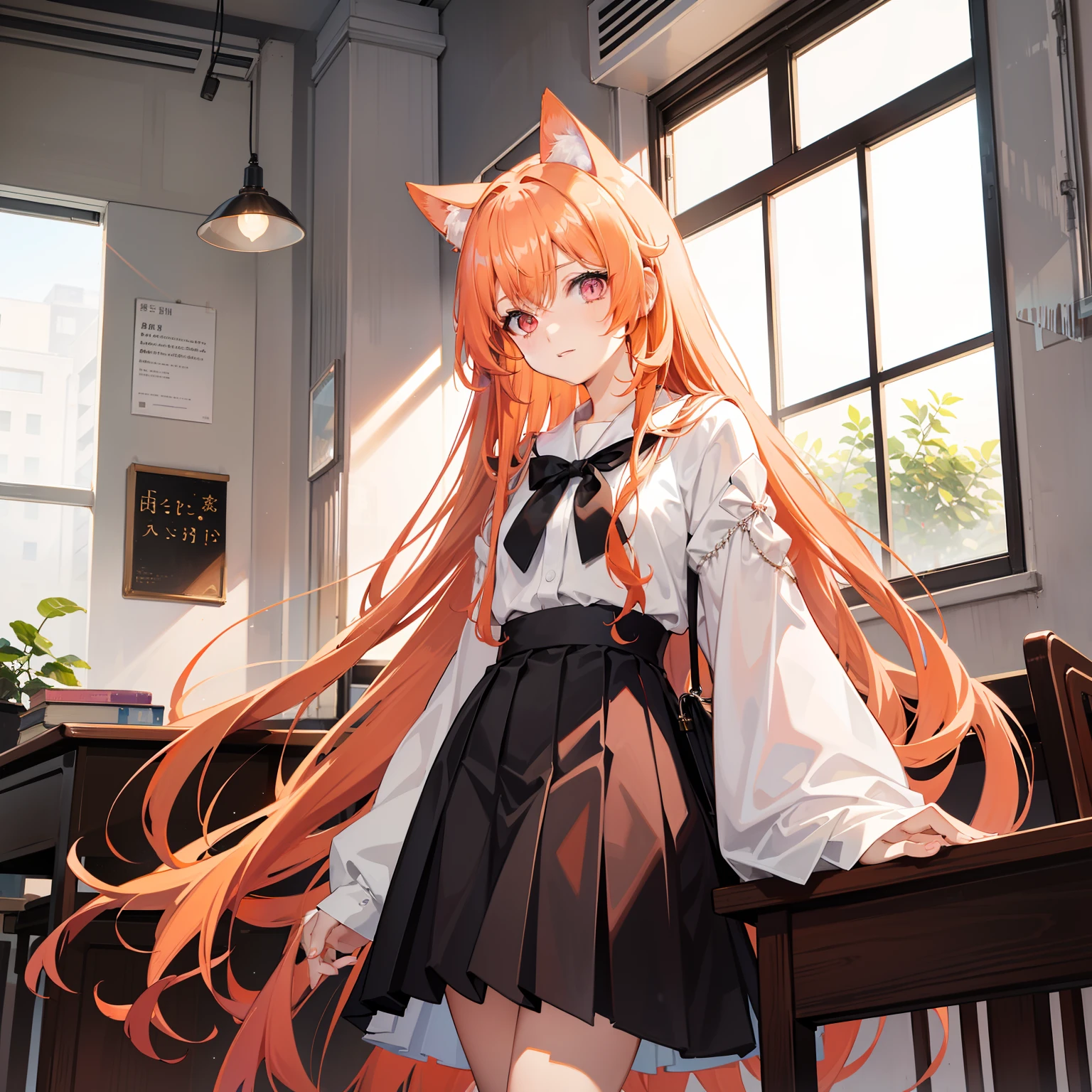 Long light orange hair，Pink eyes，hair adornments，White lining，black cloaths，a black pleated skirt，Amused，Outside the classroom is the starry sky，sitting in classroom