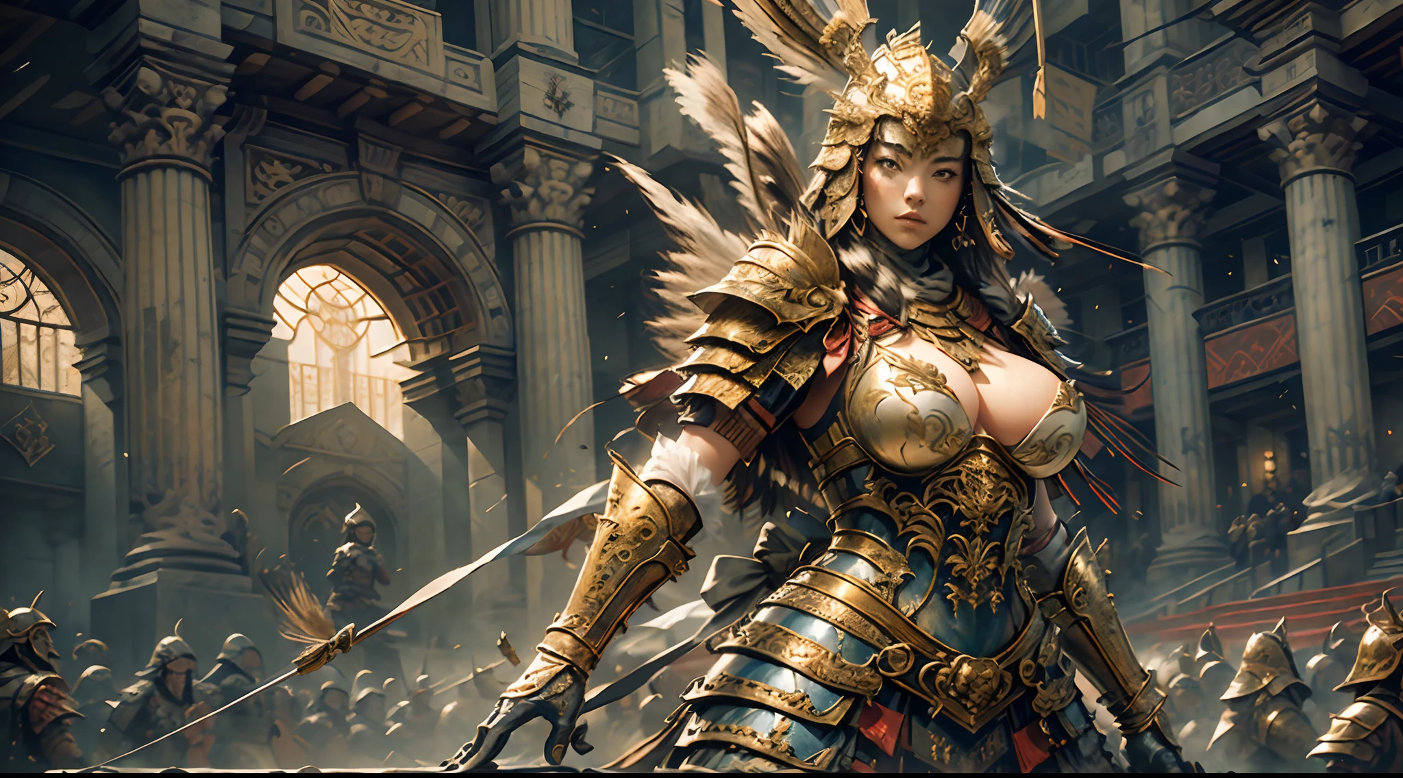 A young woman in armor and shooting a bow stands in front of the audience, large full breasts, (Perfect Body), (Masterpiece), In a very sexy pose, (The ultra-detailliert), (Hyper beautiful), (8K, Highly detailed CG illustrations),You can see monsters on the walls.