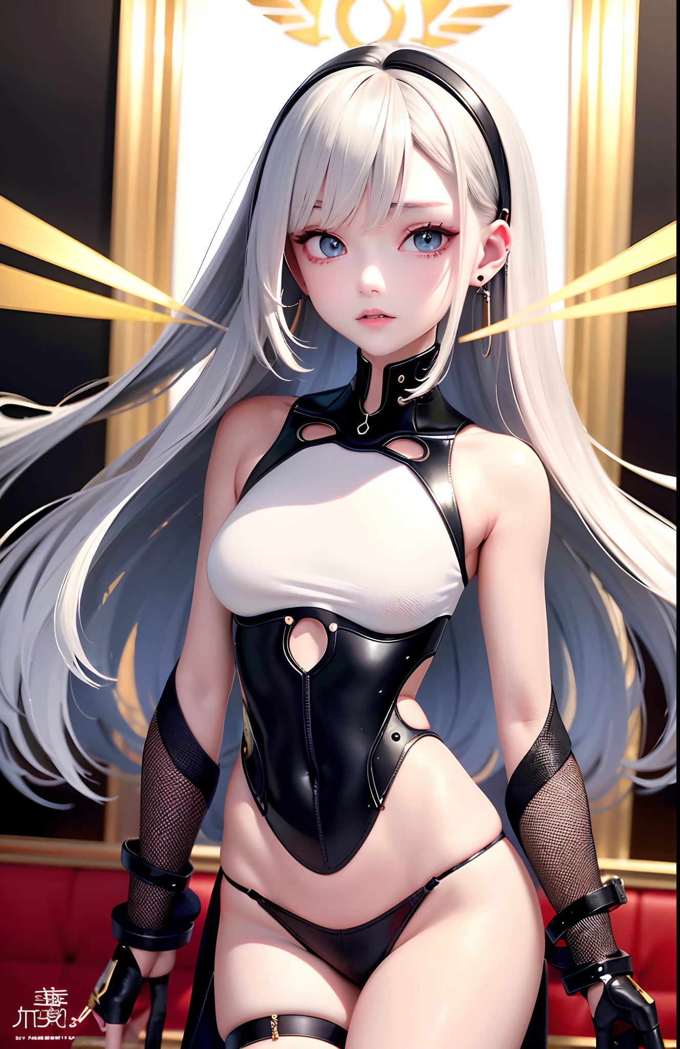 optimum,tmasterpiece,A high resolution,best qualtiy,hyper HD,super detailing,Award-Awarded,16k,独奏,(The upper part of the body),anatomy correct,Beautiful cyberpunk girl,Ex Machina,cute face,high light,Gradient Beige Hair,Hairline,((Scarlet eyes)),long eyelasher,Hanging eye corners,White skin of the,(small boobs),(Slim body),((sukajan)),((high-waist_Skirt)),(),ear studs,(neck rings),(Laser material clothing:1.2)