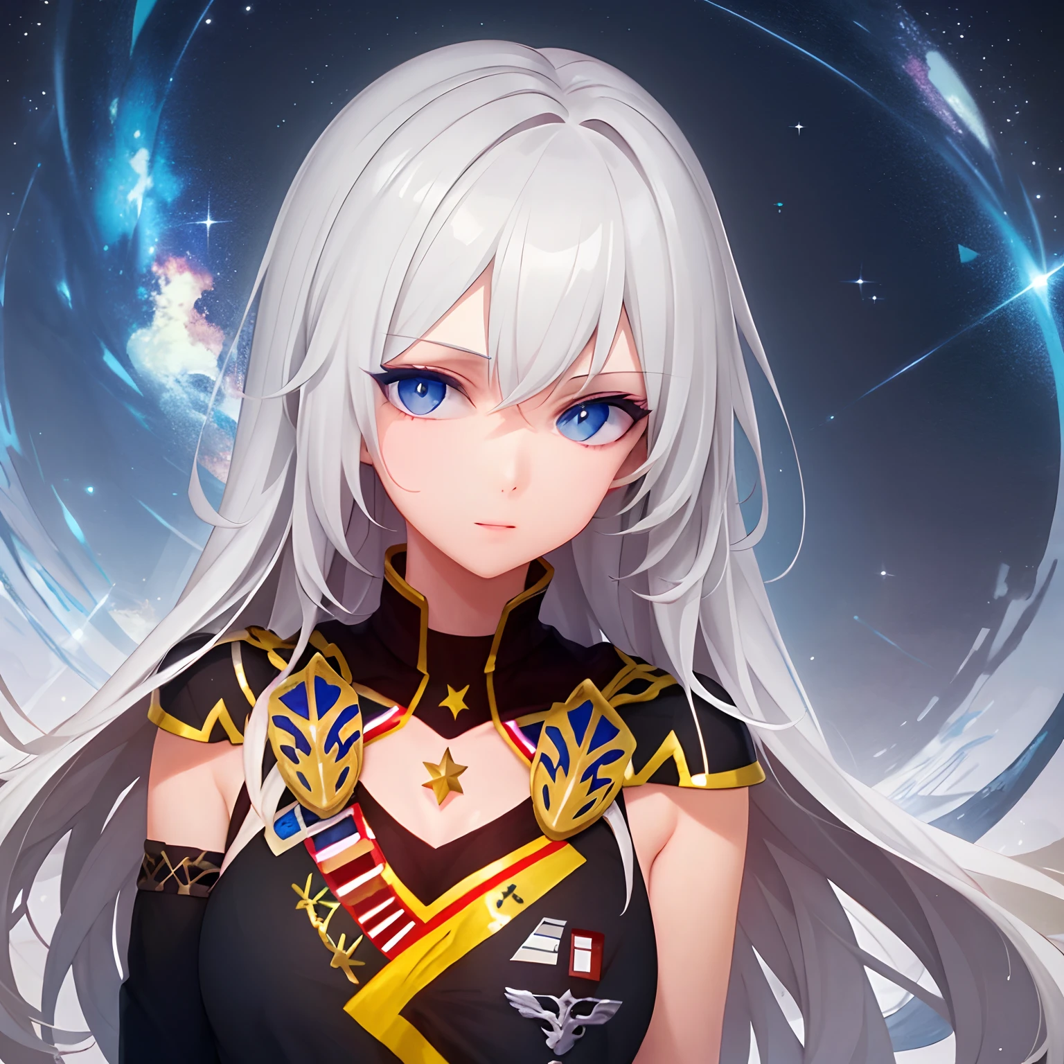 (Masterpiece,Best quality:1.2),1girll,governor,Gray hair,blue color eyes,medal,starryskybackground,galactic