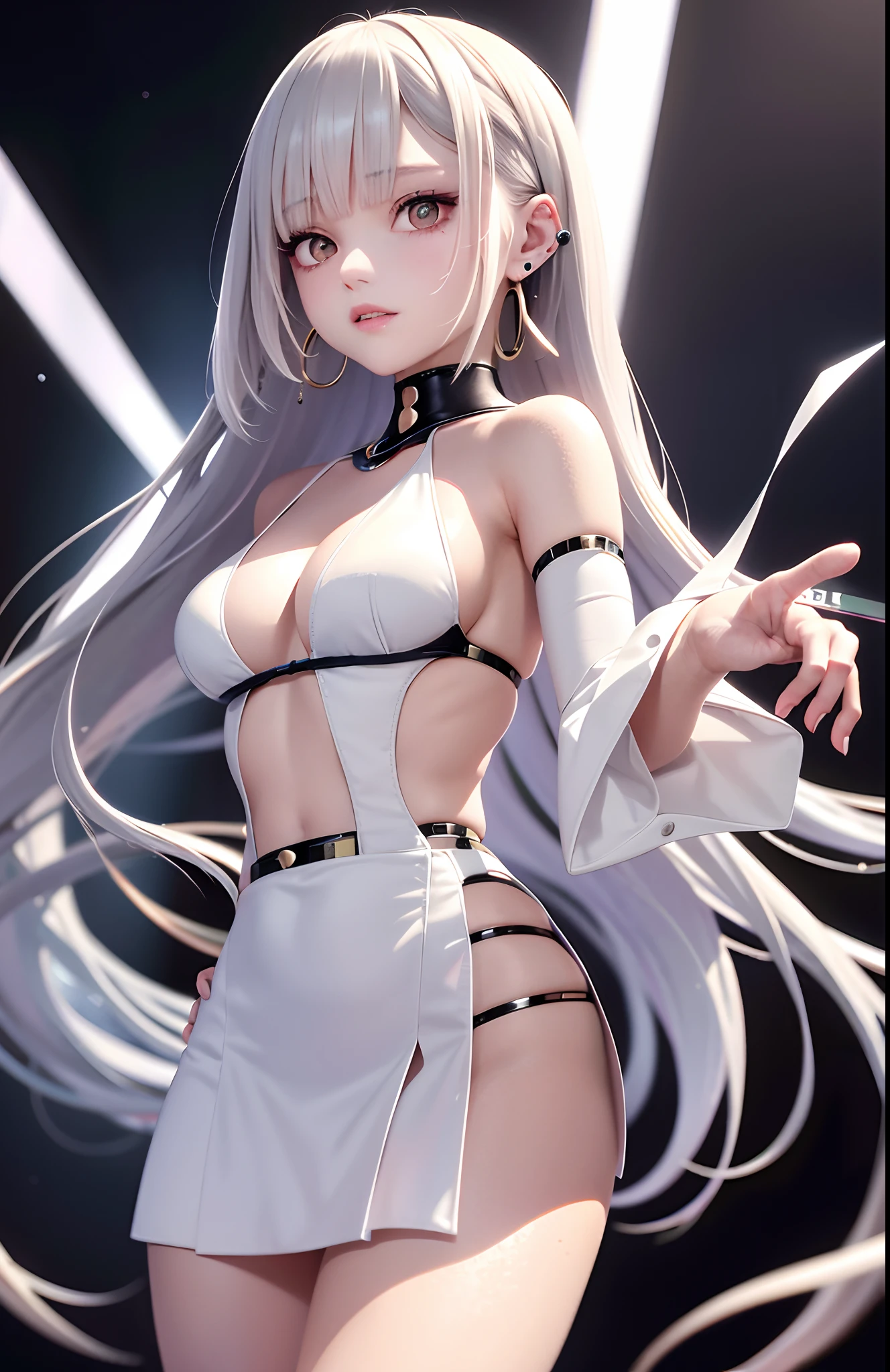 optimum，tmasterpiece，A high resolution，best qualtiy，hyper HD，super detailing，Award-Awarded，16k，独奏，（The upper part of the body），anatomy correct，Beautiful cyberpunk girl，Ex Machina，cute  face，high light，Gradient Beige Hair，Hairline，（（Scarlet eyes）），long eyelasher，Hanging eye corners，White skin of the，（small boobs），（Slim body），（（sukajan）），（（high-waist_Skirt）），（），ear studs，（neck rings），（Laser material clothing：1.2）