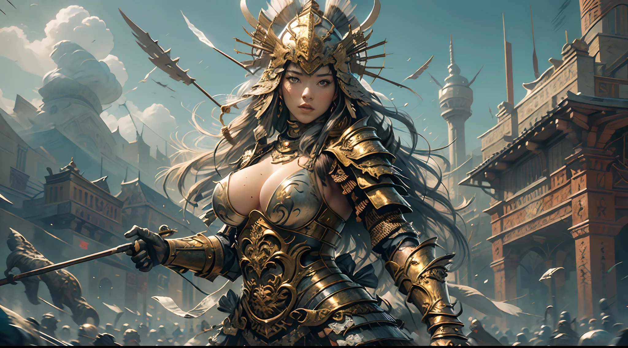 A young woman in armor and shooting a bow stands in front of the audience, large full breasts, (Perfect Body), (Masterpiece), In a very sexy pose, (The ultra-detailliert), (Hyper beautiful), (8K, Highly detailed CG illustrations),You can see monsters on the walls.