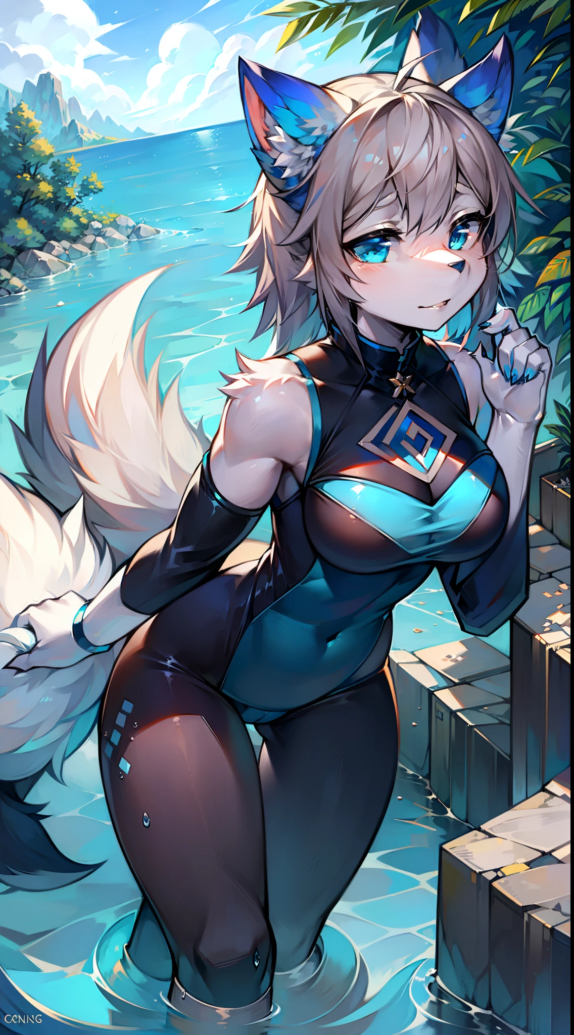 Water，big-tailed wolf，blue color eyes，gray hair，and Cheongsam, vagina