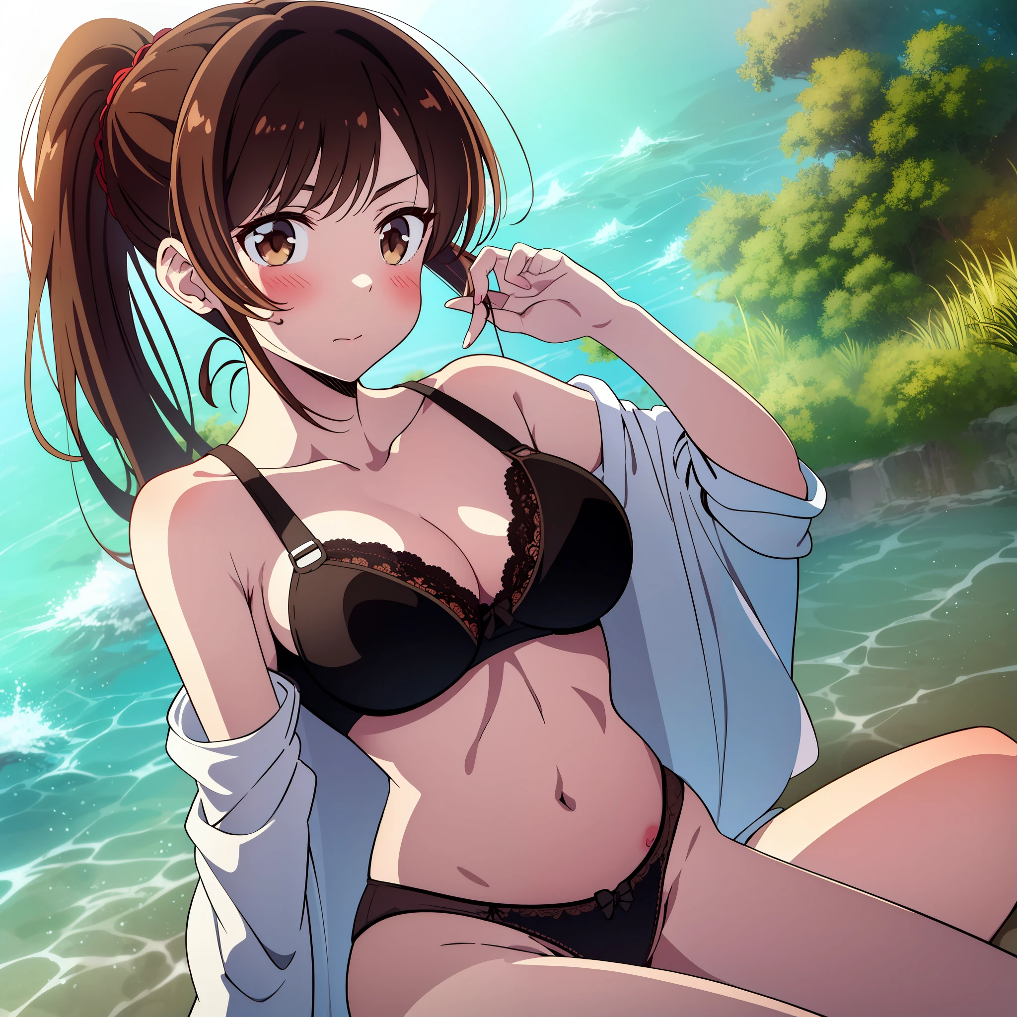 chizuru, chizuru mizuhara, waist-length chestnut-brown hair, light brown eyes, a small ponytail hanging on the back, big breasts, no bra, black panties, nipples, sitting, dazzing, large bosom, long slender legs, ocean view, ocean background, coconut trees