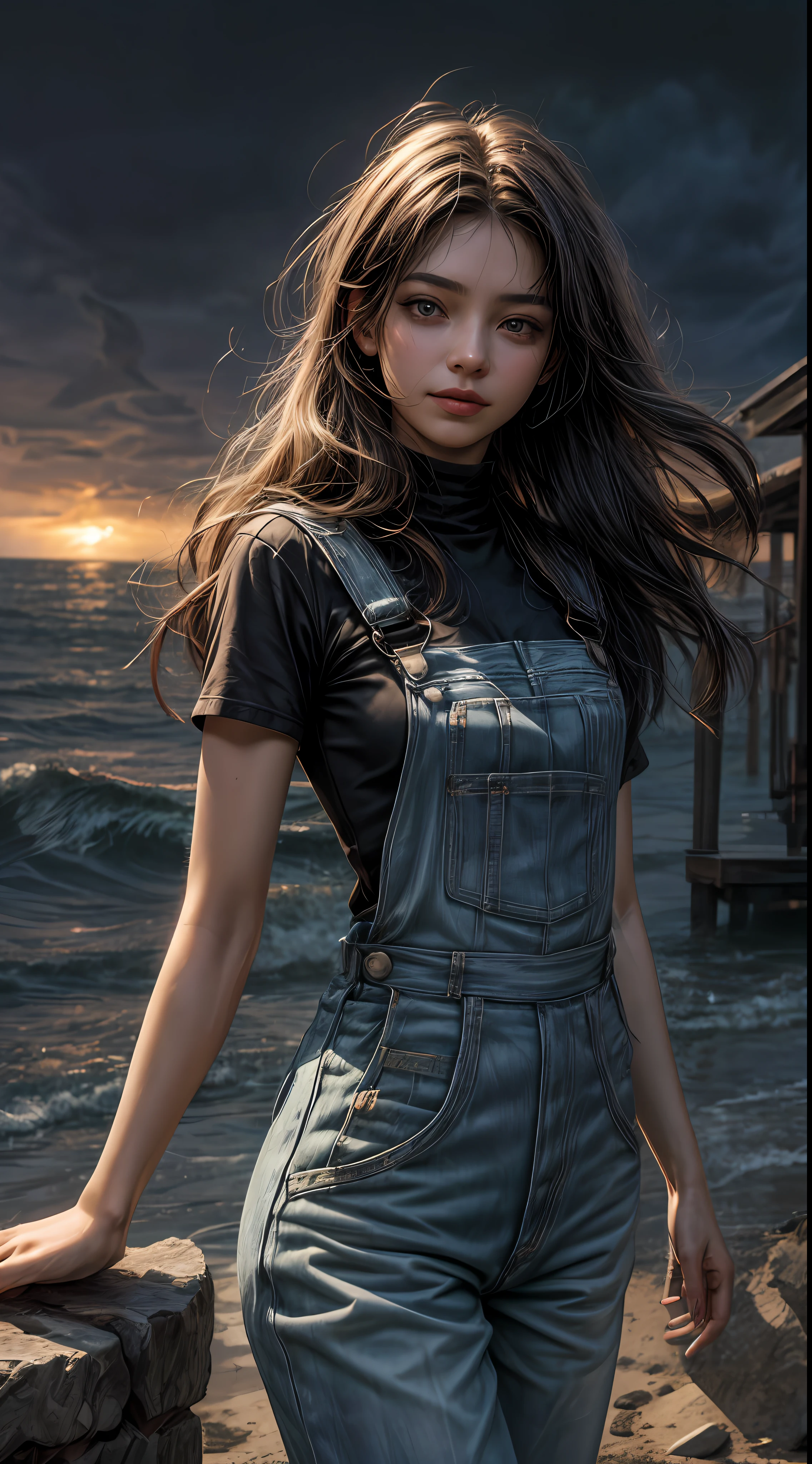 Garota 18 anos na chuva , expression of happiness, euphoria, corpo molhado, cabelo molhado prateado,Beautiful cybernetics looking at the camera , Overalls dress,Obra-prima realista, Pose ativa, action pose, luz LED | |, Gold Parts, franja, cabelo curto molhada, vista traseira, Costas, in a storm overcast sky with lightning and lightning, rear camera angle